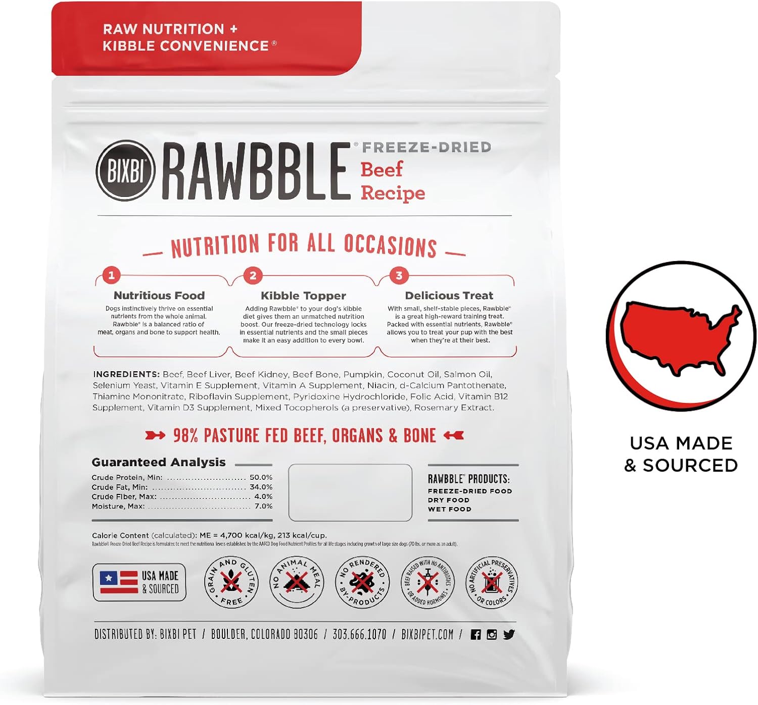 BIXBI Liberty Freeze-Dried Dog Food Topper & Treats, Beef – 98% Meat & Organs, No Refrigeration – USA Made, 26 oz