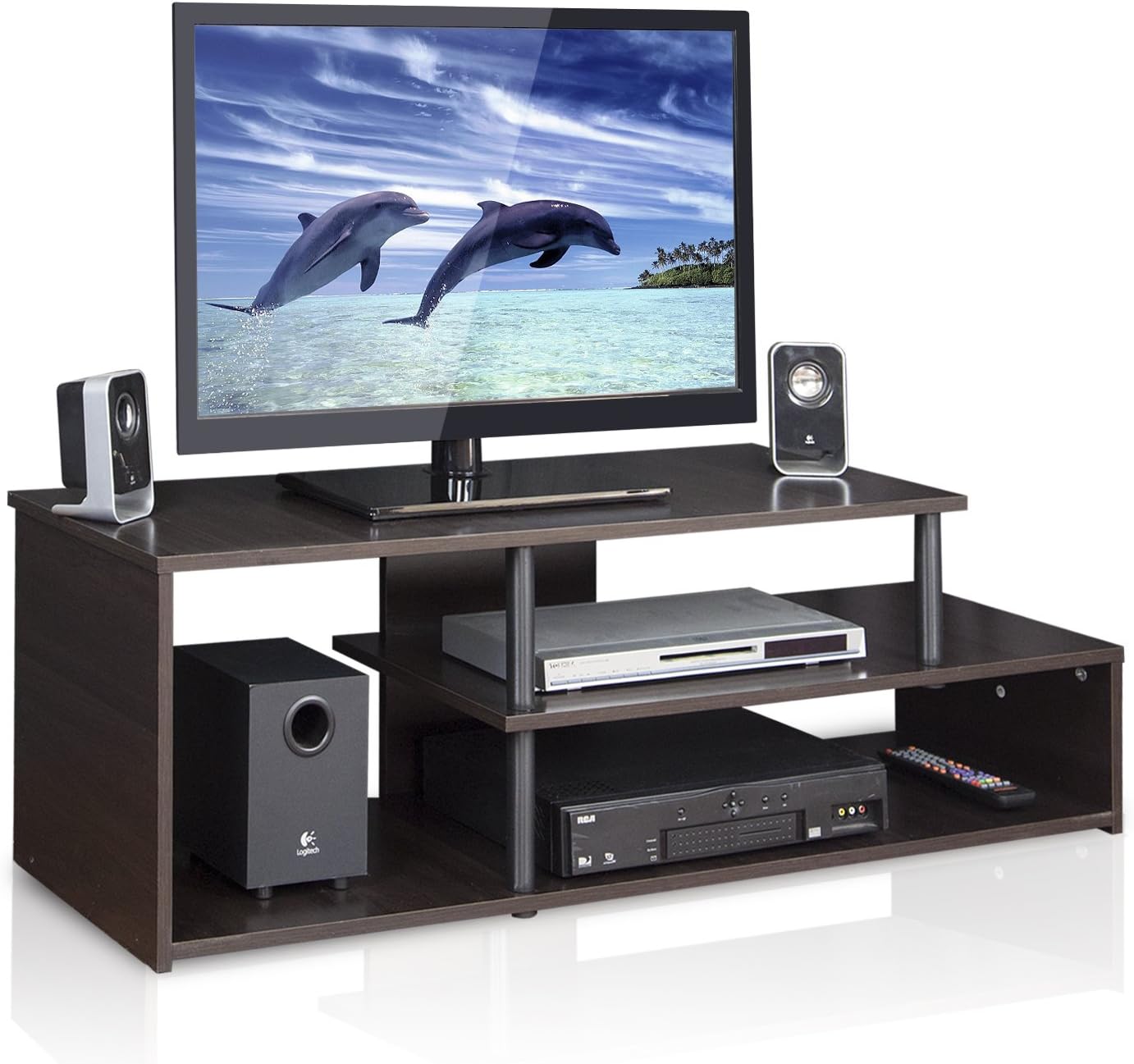 Furinno Econ Low Rise TV Stand, Espresso/Black | Open Shelf, TV Console for TV up to 46 Inch, for Living Room, Bedroom