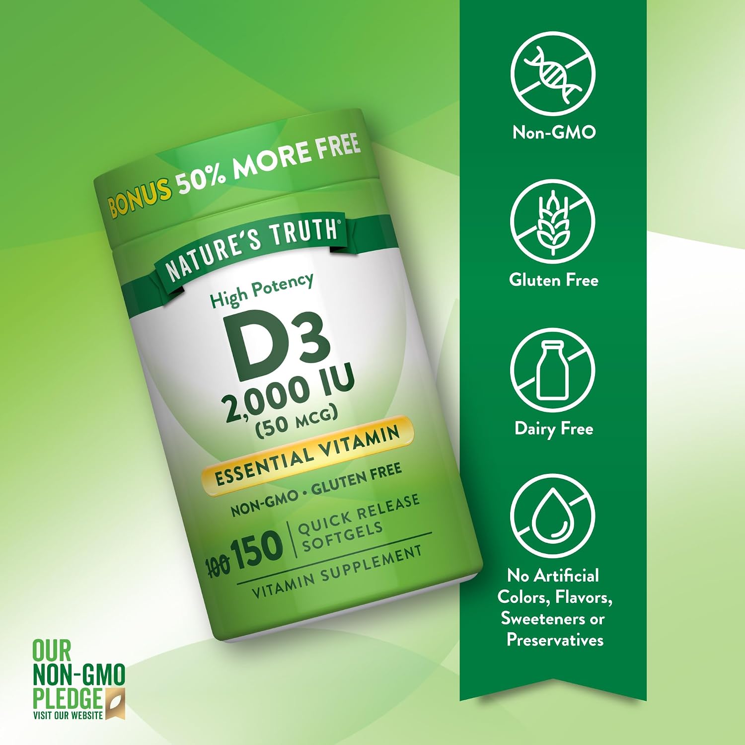 Nature's Truth Vitamin D3 2000 IU Softgels for Adults | 150 Count | High Potency | Non-GMO and Gluten Free Supplement | High Potency | Non-GMO and