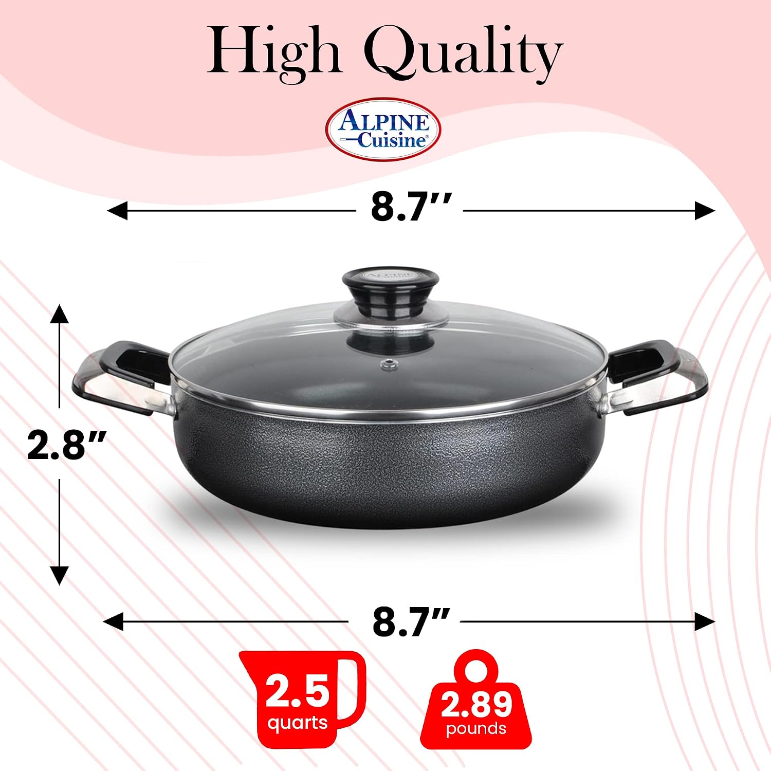 Alpine Cuisine 4 Quart Non-stick Stock Pot with Tempered Glass Lid and Carrying Handles, Multi-Purpose Cookware Aluminum Dutch Oven for Braising, Boiling, Stewing