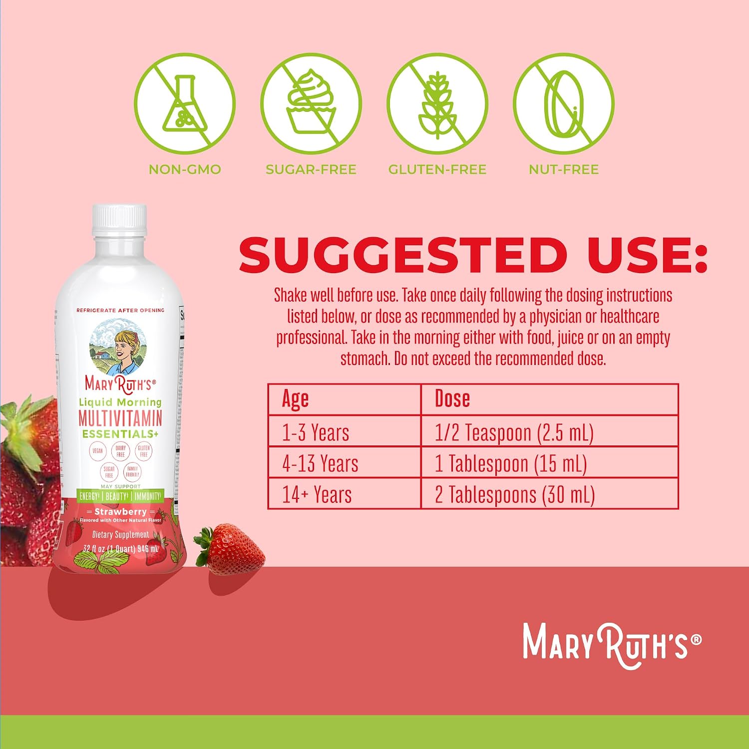 MaryRuth's Liquid Morning Multivitamin Essentials+, 2 Flavors, Vegan, 32oz