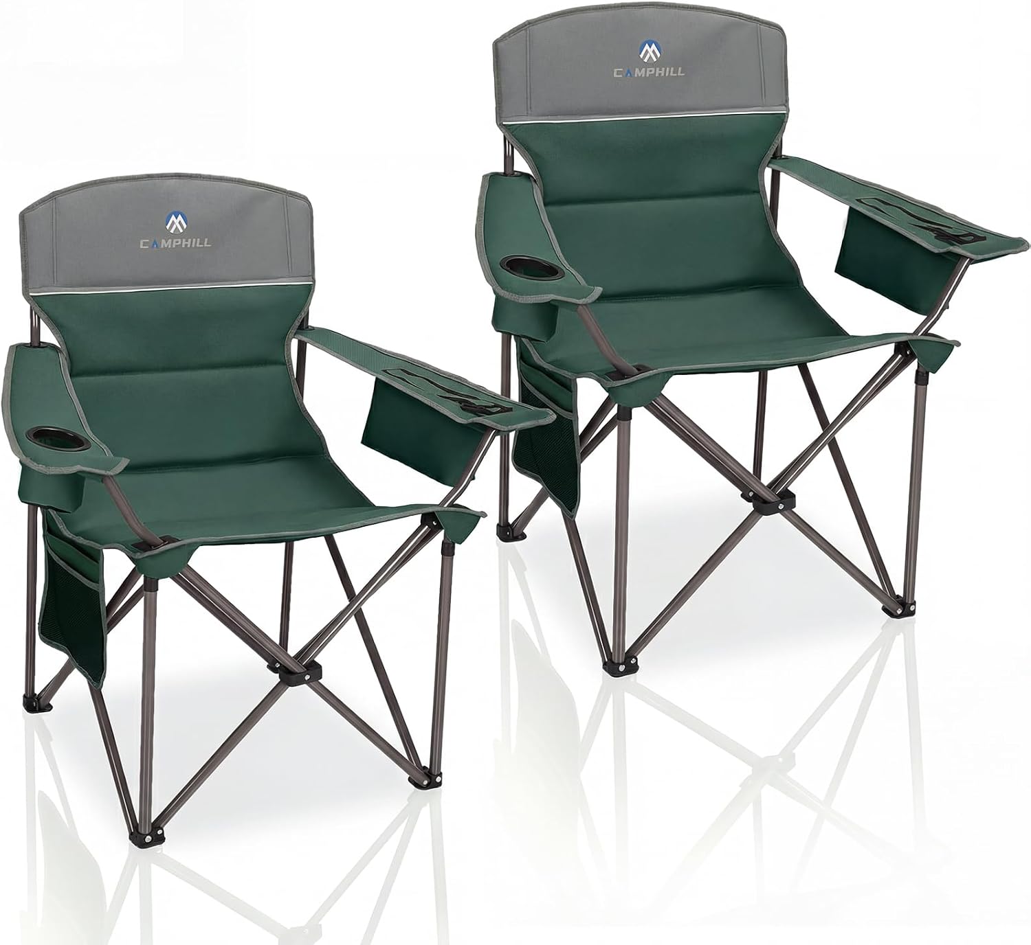 Oversized Camping Chairs 2 Pack - Heavy Duty 400LBS Padded Lawn Chair with Cooler Bag,Cup Holder,Side Pocket,Collapsible for Outdoor,Camp,Fishing & Garden,Dark Green