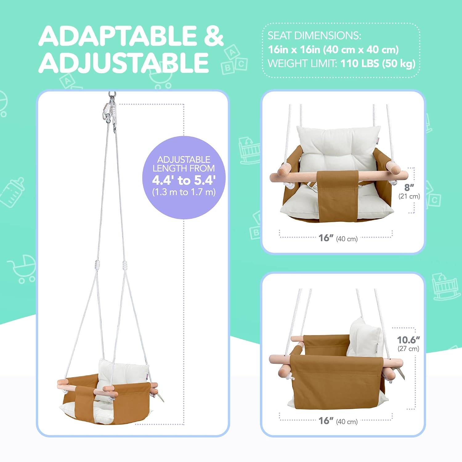 CaTeam Canvas Baby Swing Seat with 5-Point Safety Belt — Wooden Hanging Toddler Swing, Indoor & Outdoor, Ages 1-4, Ceiling Mount Hardware Included