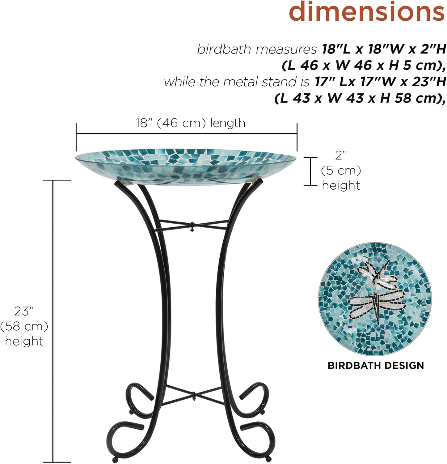 Alpine Corporation 24" Tall Outdoor Floral Mosaic Glass Birdbath with Metal Stand and Detachable 18 Inch Diameter Bowl, Garden Decor