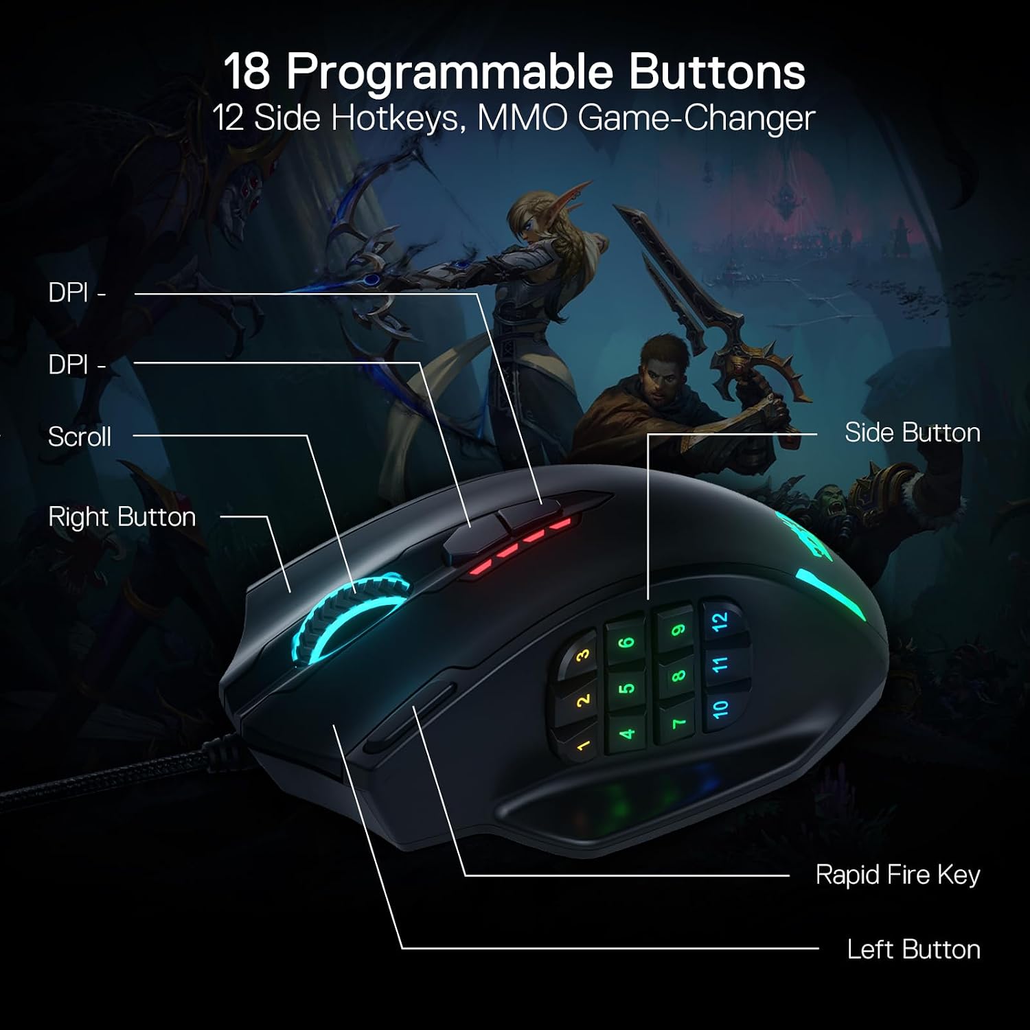Redragon M908 Wired MMO RGB Gaming Mouse 12400 DPI Remapping Keys | Stable Lag-Free Connection, Redefine Keybinding Macro, Vibing Backlight, Ergonomic Grip Body Comfort