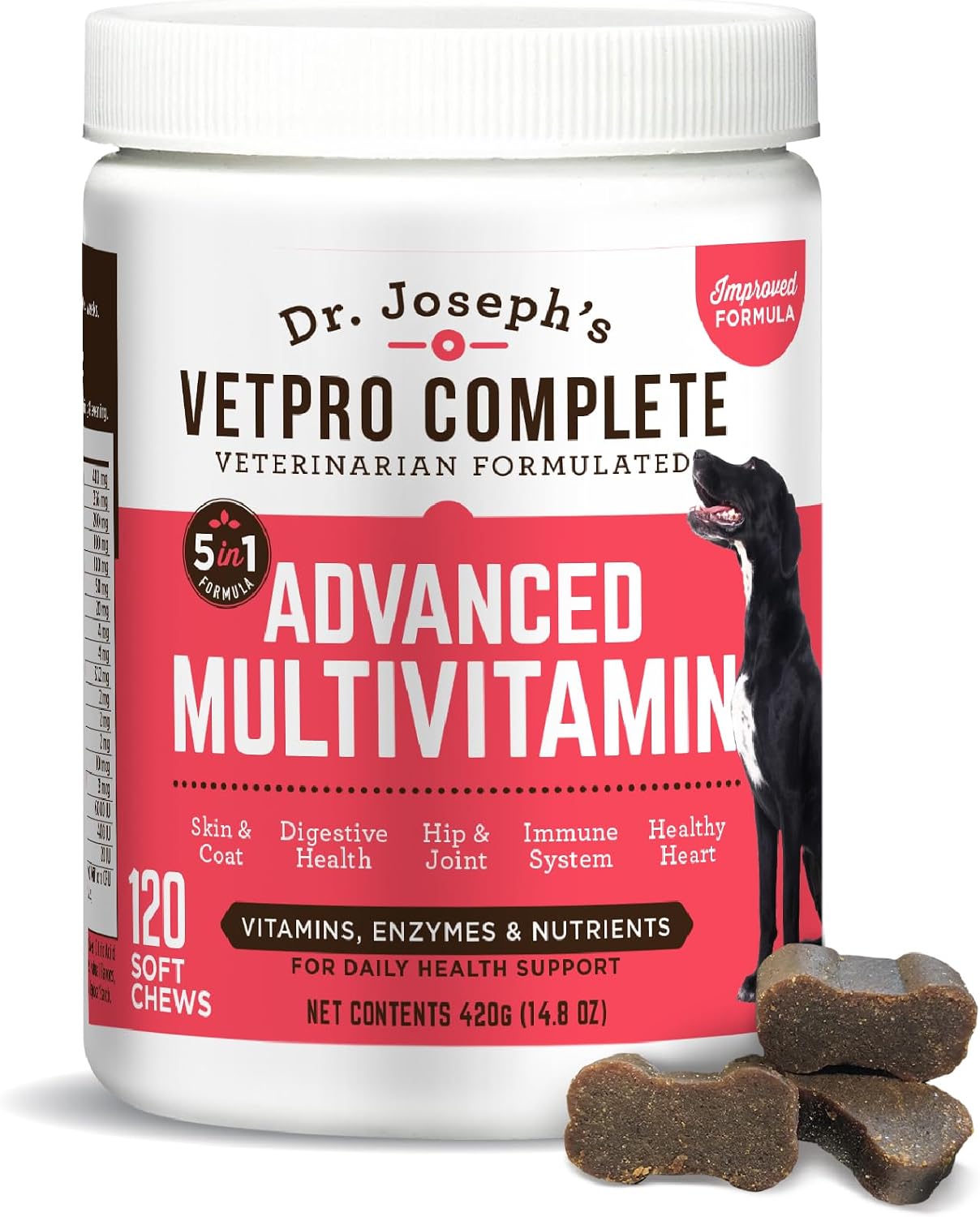 Dr. Joseph's VetPro Complete Multivitamin Dog Supplement, 120 Count (Large Dog 60 Day Supply), 5in1 Chew with Vitamins, Enzymes & Nutrients