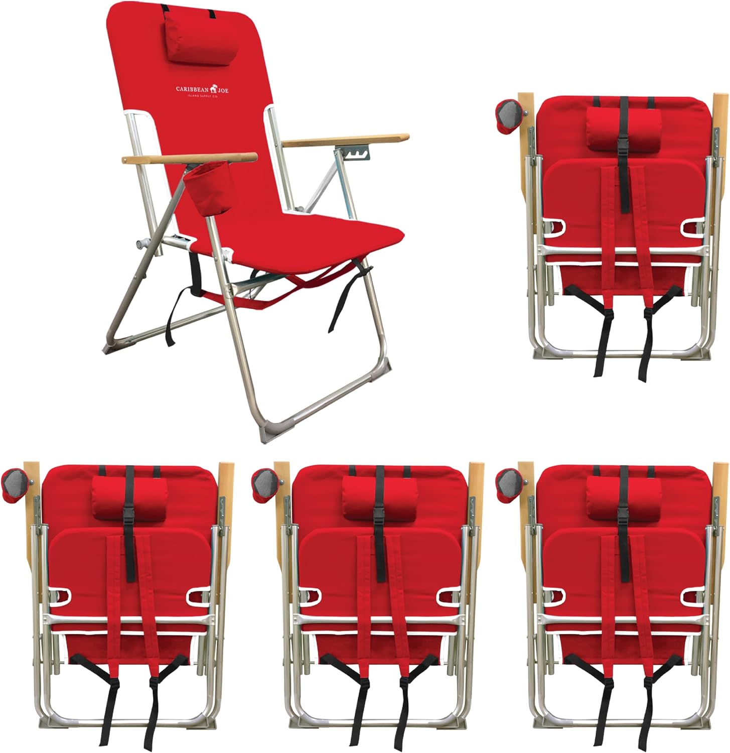 CARIBBEAN JOE Folding Beach Chair, 4 Position Portable Backpack Foldable Camping Chair with Headrest, Cup Holder, and Wooden Armrests