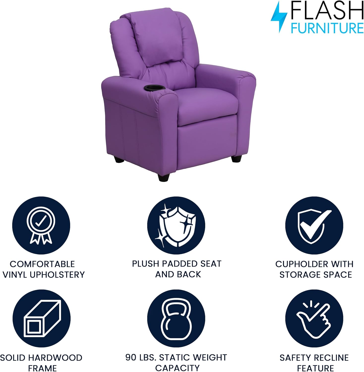 Flash Furniture Vana LeatherSoft Kids Recliner with Cup Holder, Headrest, and Safety Recline, Contemporary Reclining Chair for Kids, Supports up to 90 lbs., Brown | Manual Recline, Padded Seat and Back, Child-Friendly Design, Safety Recline Feature
