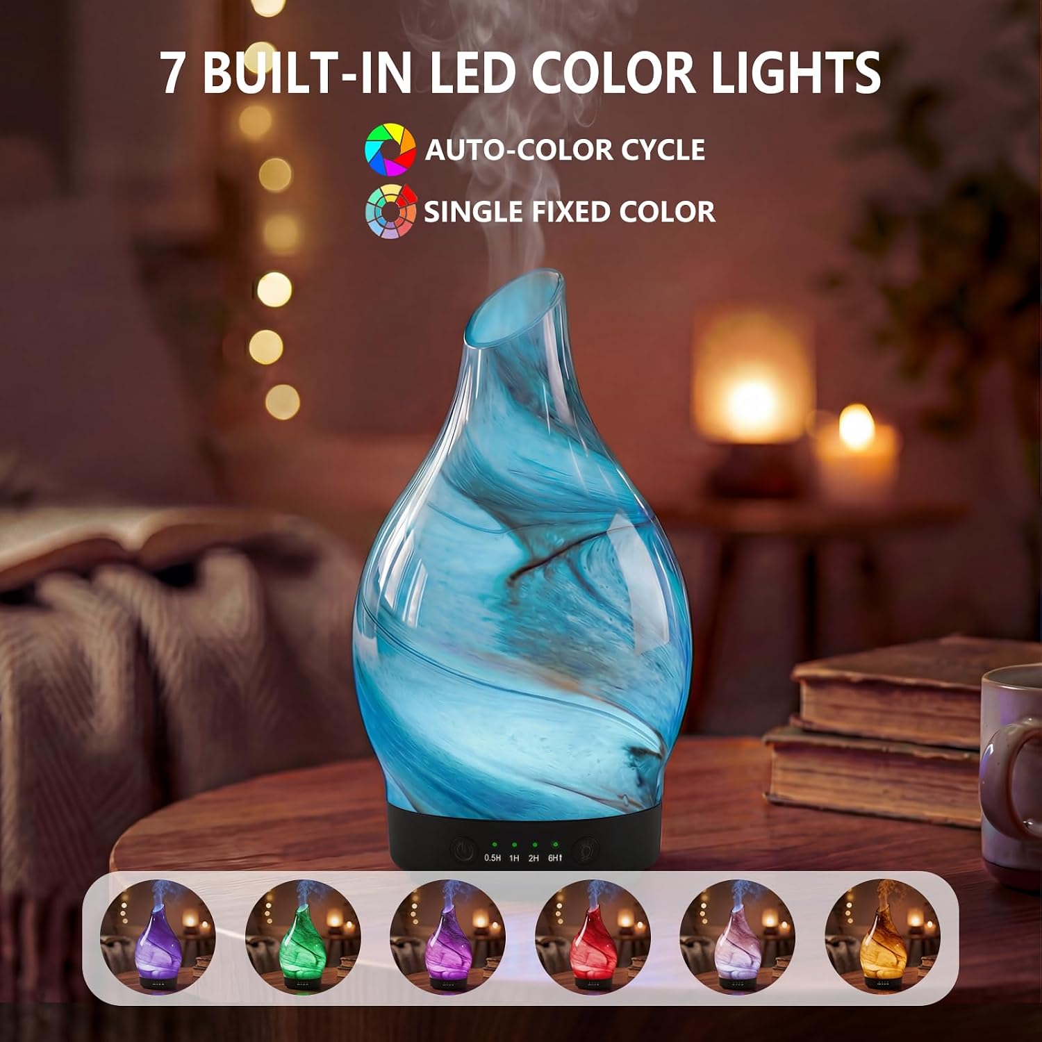 Aromatherapy Essential Oil Diffuser for Home- Art Glass Diffuser for Essential Oils with Waterless Auto Shut-Off 4 Timer 7 Colors LED Night Light