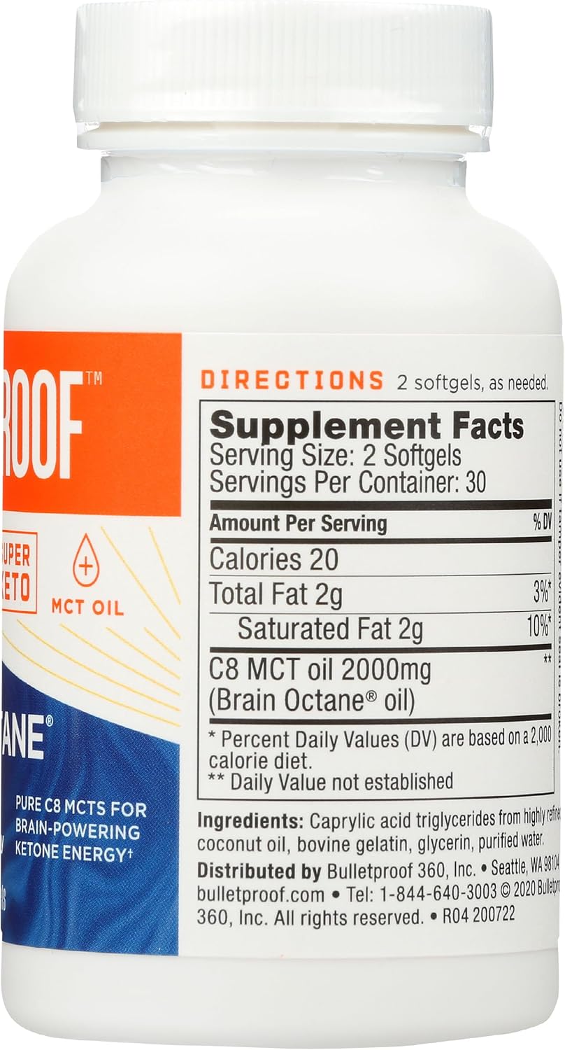 Bulletproof Brain Octane Softgels, 60 Count - 100% Pure C8 from Coconut | Pure C8 MCT Oil for Sustained Energy