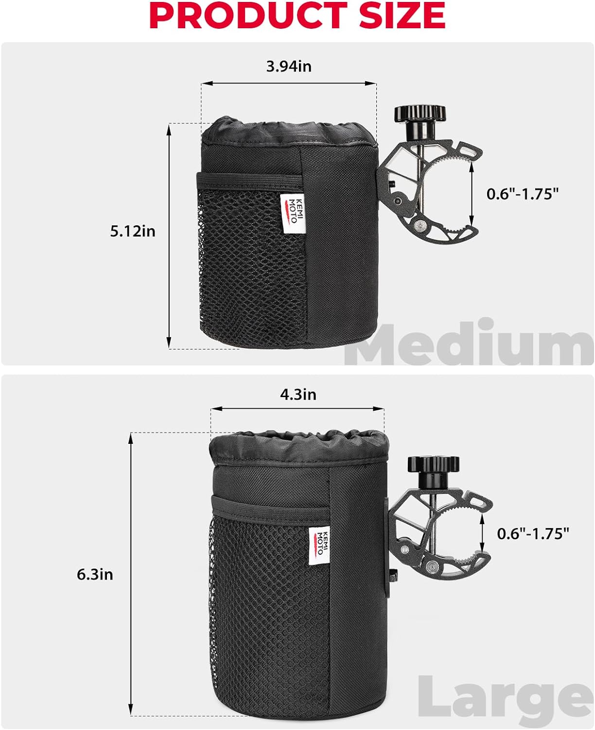 KEMIMOTO Motorcycle Cup Holder, Oxford Fabric Motorcycle Drink Holder with 0.6"-1.5" Alligator Clamp, Universal Water Bottle Cup Accessories for Bike