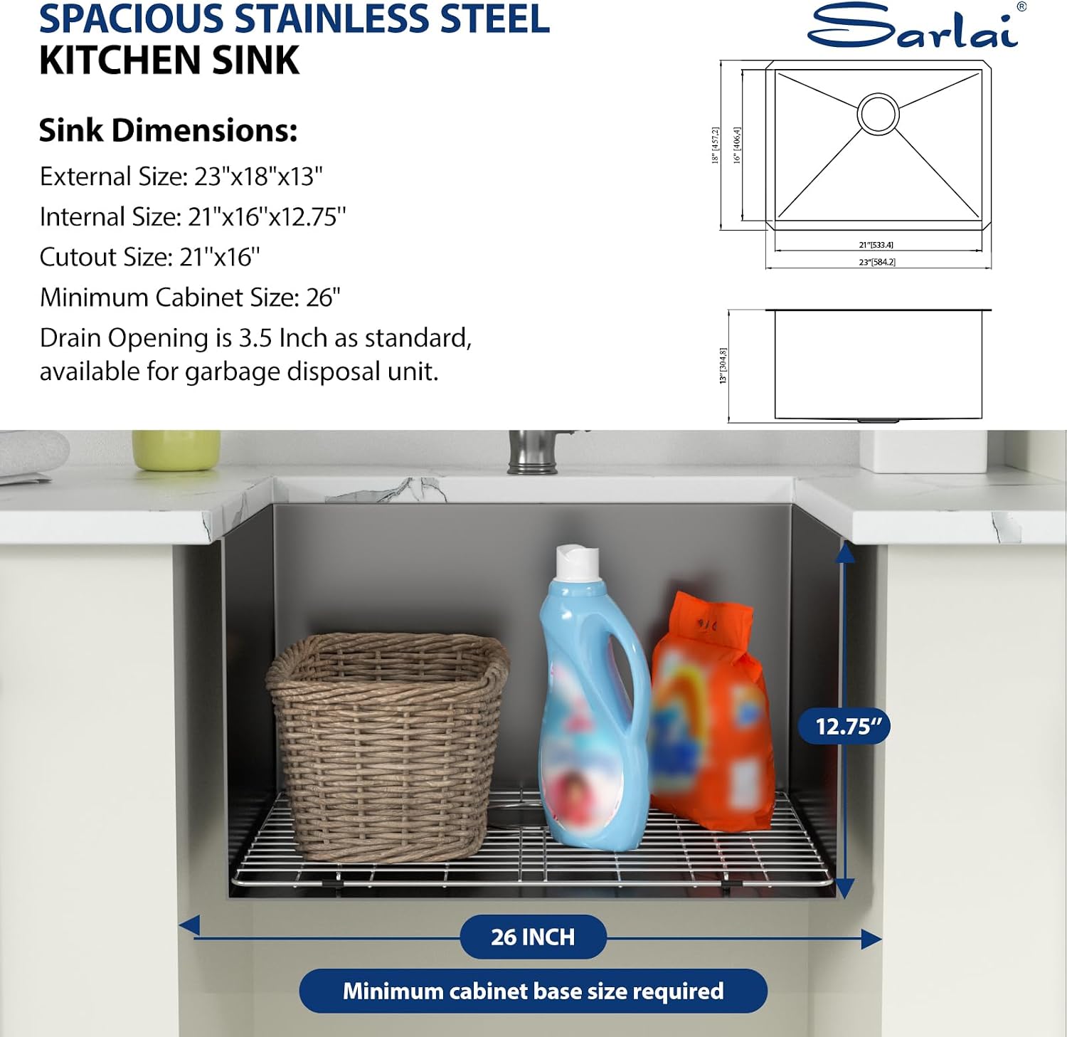 Sarlai 21 Inch Undermount Laundry Sink 21x18x12 Inch Undermount Laundry Utility Sink Deep Single Bowl 16 Gauge Stainless Steel Laundry Tub Sinks