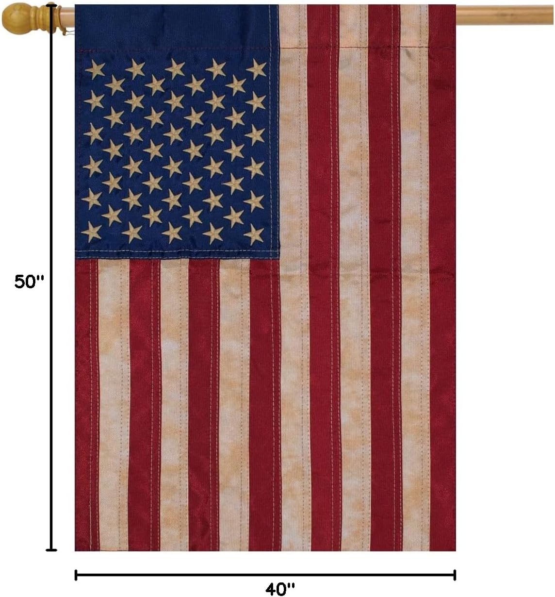Tea Stained Applique & Embroidered American Flag House Flag USA 28" x 50"