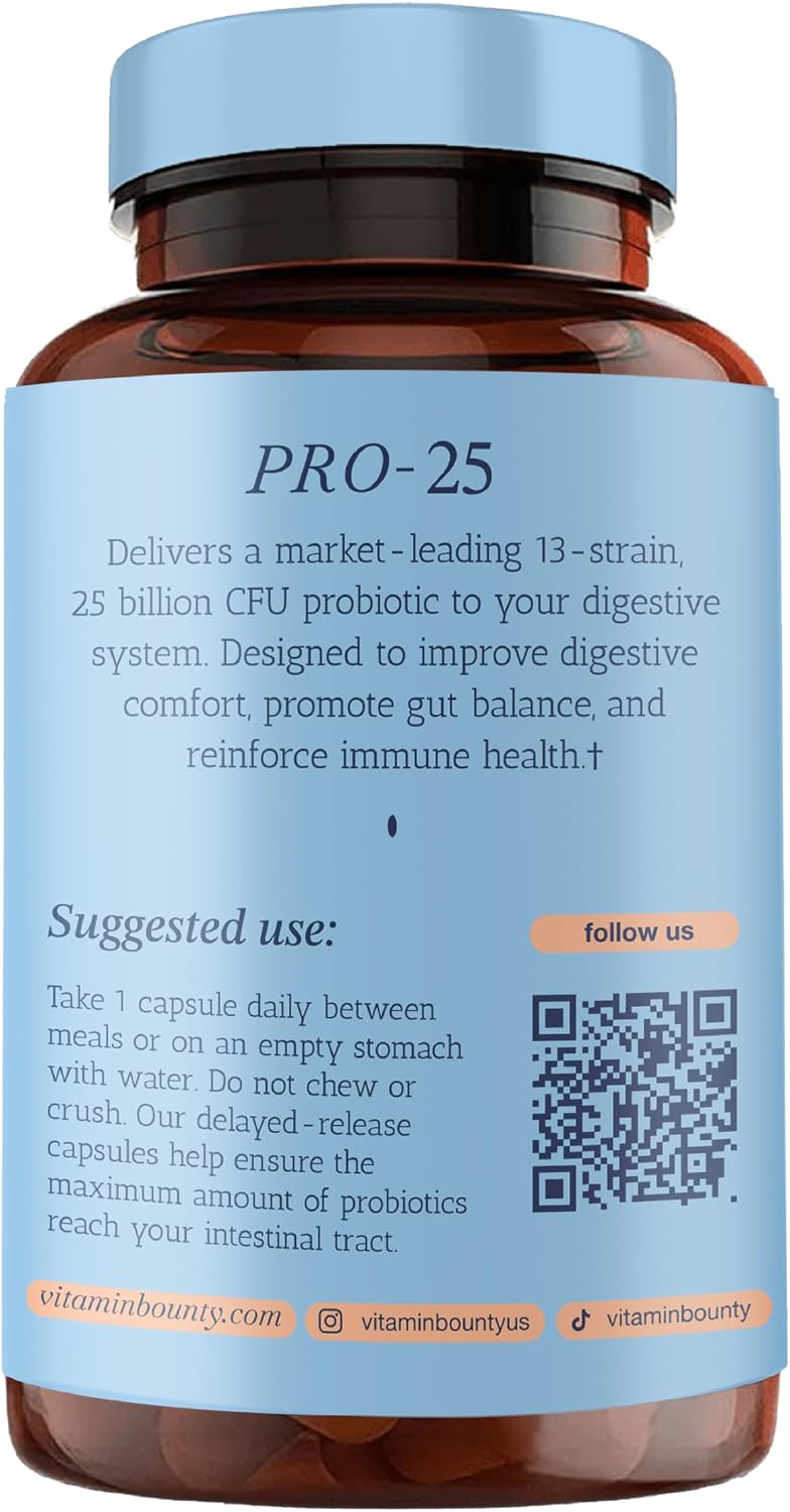 Vitamin Bounty Pro-25 Probiotics for Women & Men - 25 Billion CFU - Probiotic Prebiotic for Digestive Health & Gut Support with Lactobacillus