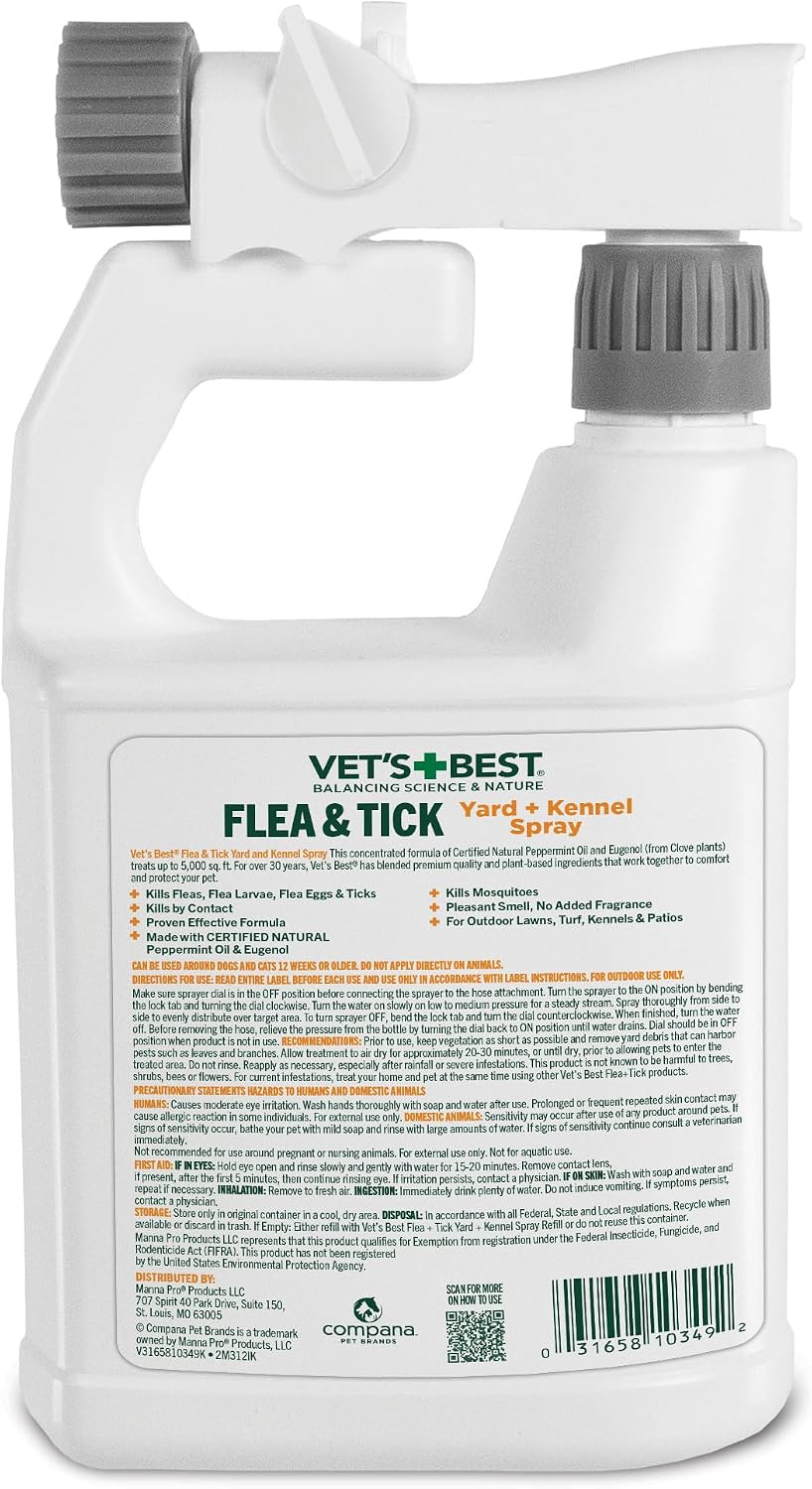 Vet's Best Flea & Tick, Mosquito, Yard & Kennel Spray for Dogs, 32 oz | Plant-Based Yard Treatment, Kills Fleas, Ticks & Mosquitoes, Ready-to-Use Hose Attachment, Safe for Plants, Made in USA