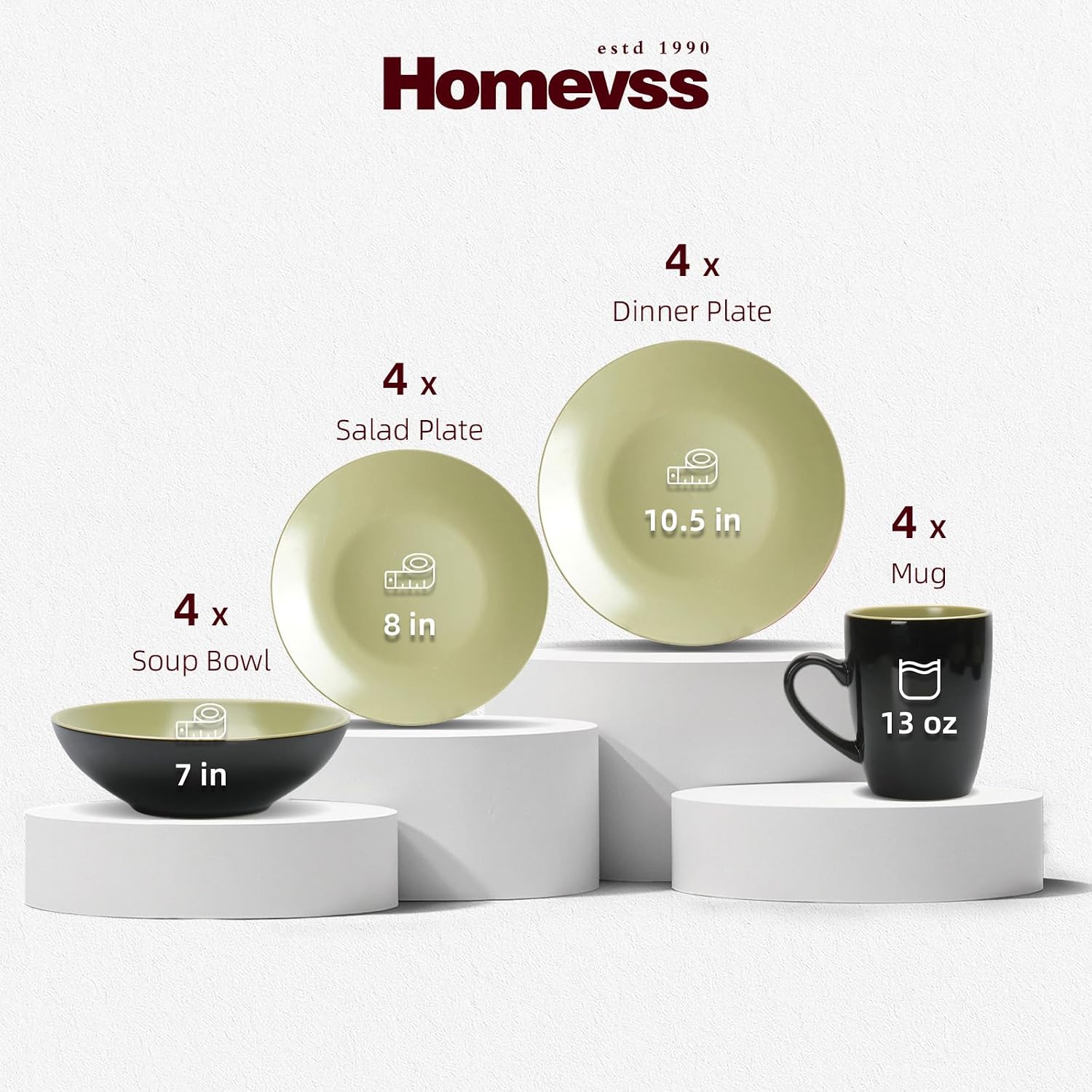 Stoneware Two-Tone Colors Life 16pc Dinner Set，Outside Shiny Black + Inside Matte Glaze Olive