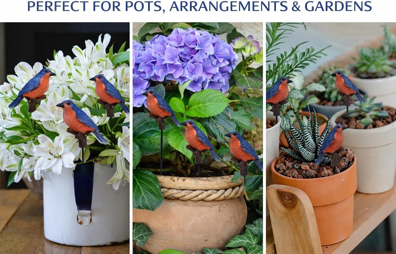 Bluebird Garden Stakes Set of 3 – Decorative Metal Yard & Plant Stakes – Bluebird Outdoor Décor for Flower Pots