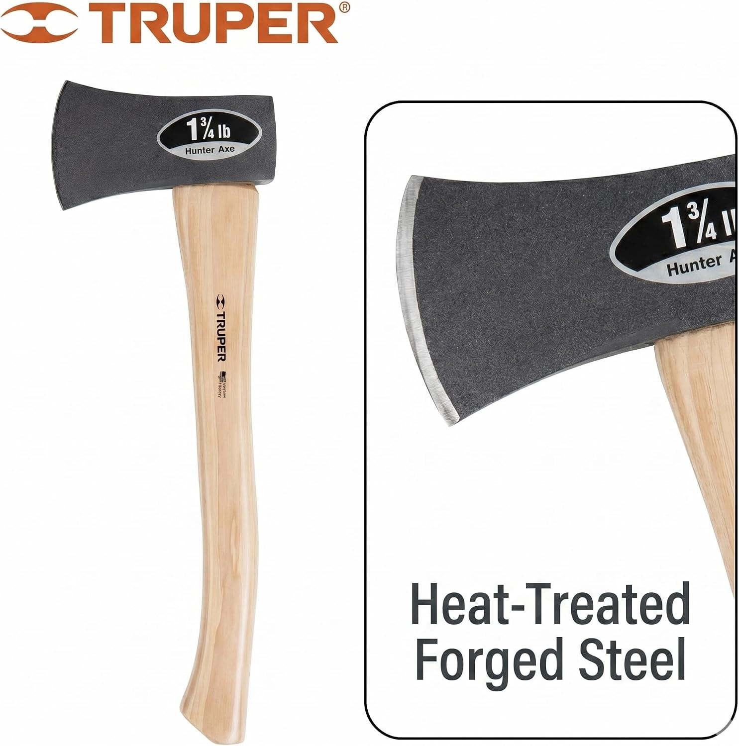 Truper 1-3/4 lb Hunter Axe, 18-Inch American Hickory Handle, Forged Steel Head, Compact Camping and Survival Hatchet (Model HHU-1 3/4H / 32717)