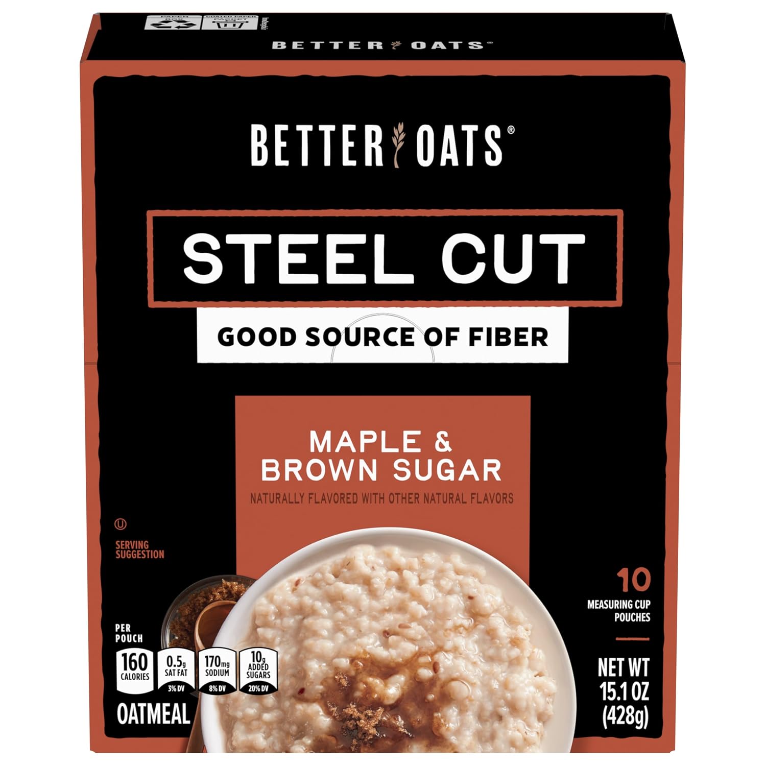 Better Oats Steel Cut Maple & Brown Sugar Oatmeal, 15.1 oz Box, 6 Pack | Instant Breakfast With Flax Seeds & Natural Flavors, Good Source Of ALA Omega-3, Individual Packets, Heart Healthy