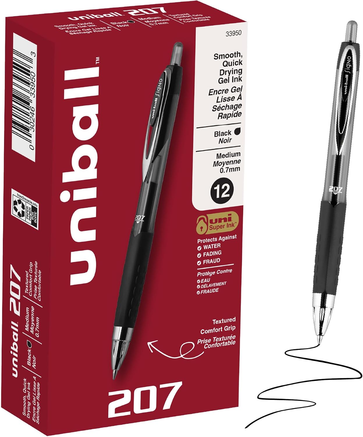 uniball™ 207 Gel Pens, Black Ink, 0.7mm Medium Point, Retractable, 12 Count | Smooth Writing, Fraud-Resistant, uni Super Ink™