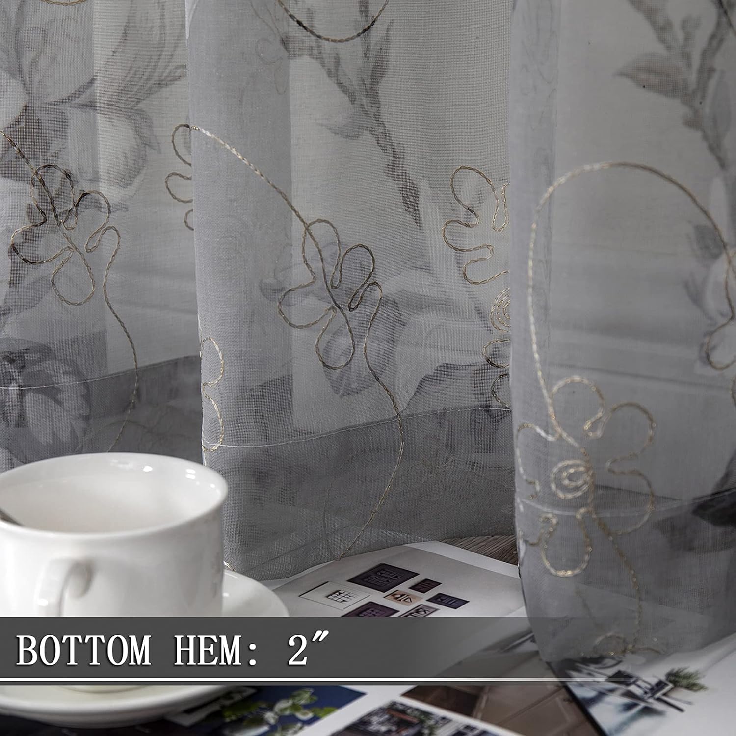 Tollpiz Floral Grey Sheer Curtain Flower Print Vine Embroidery Bedroom Curtains Rod Pocket Voile Window Curtain for Living Room, 54 x 84 inches Long
