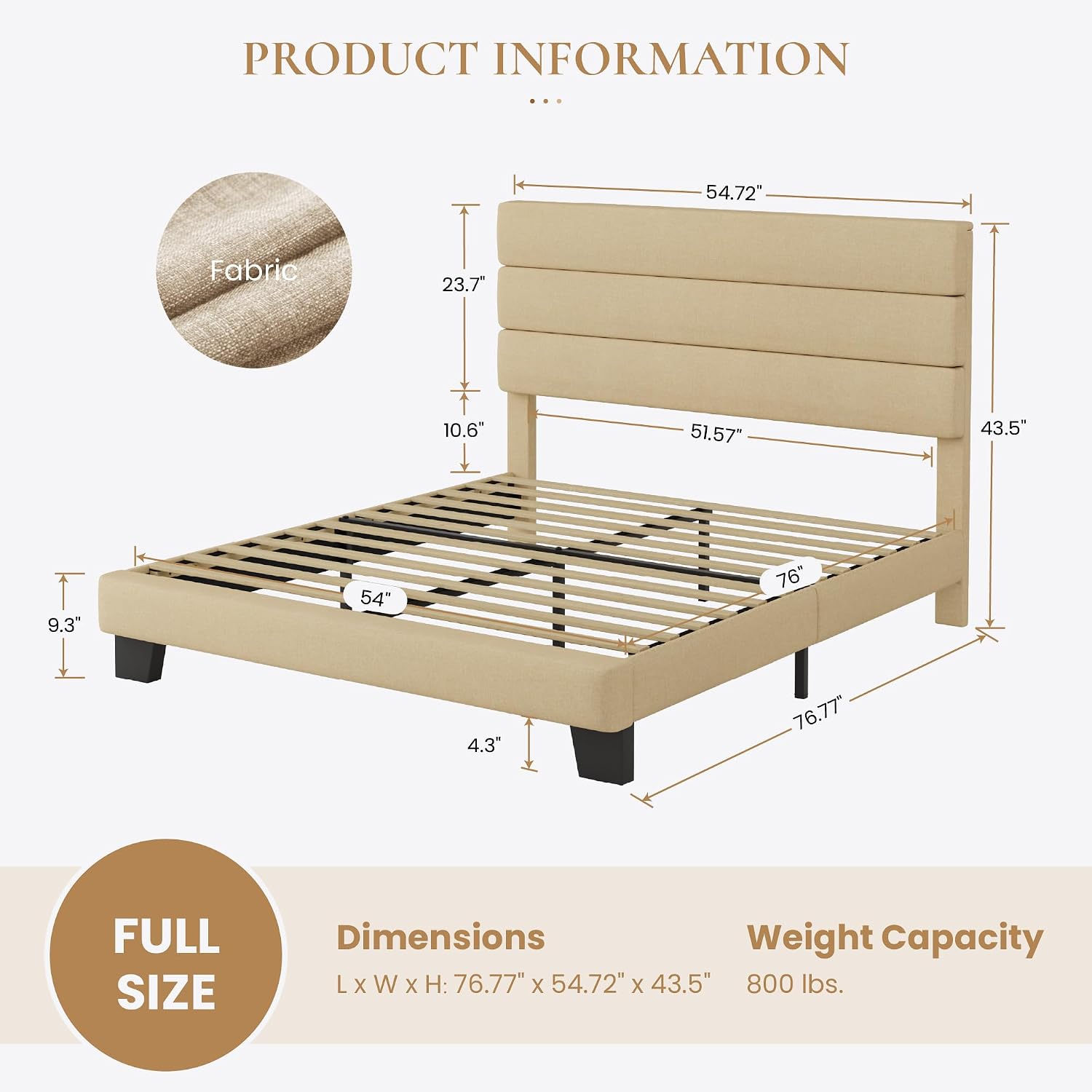 SHA CERLIN Full Platform Bed Frame with Upholstered Fabric Headboard, Grey