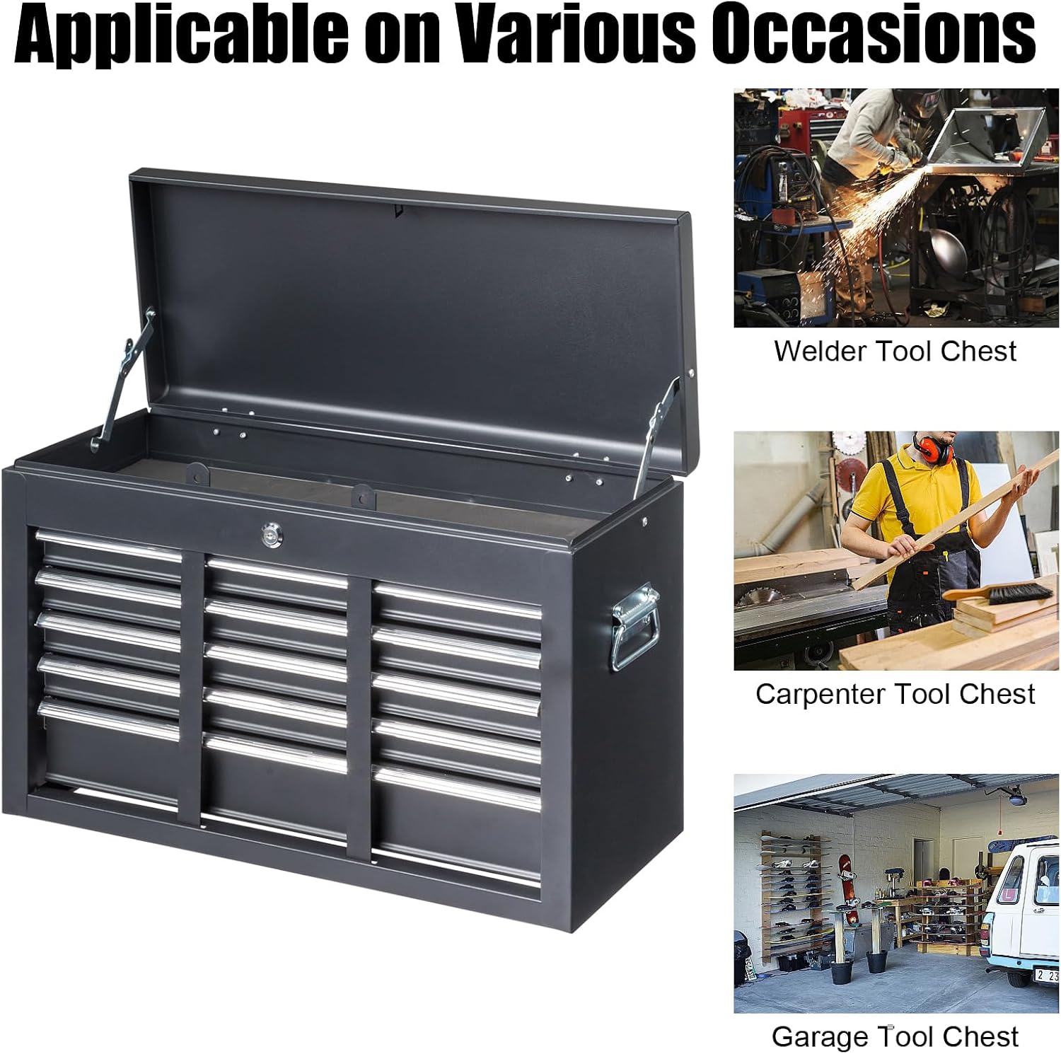 24" Metal Portable Tool Box with 5 Drawers, Lockable, Red | ToolBox with Top Storage Tray, Carry Handle, Ball Bearing Runners, Tool Chest Cabinet for Garage, Warehouse, Repair Shop