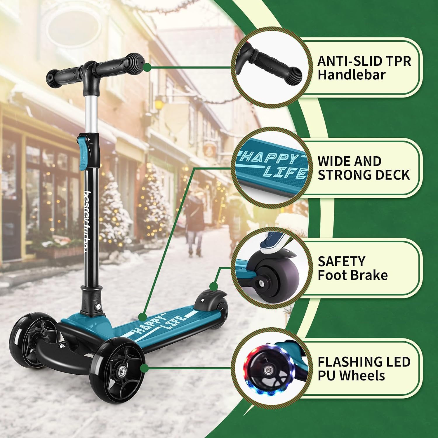 besrey 3 Wheel Scooter for Kids Ages 3-10 with 4 Adjustable Height