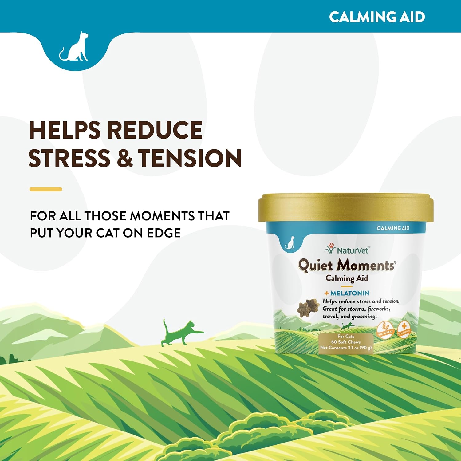 NaturVet Quiet Moments Calming Plus Melatonin Cat Supplement - 50 Count | Calming Aid for Cats - Reduce Stress, Pet Storm Anxiety, Motion Sickness - Great for Grooming, Separation and Travel