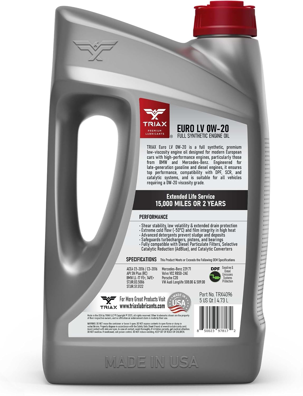 TRIAX Euro LV 0W-20 Full Synthetic European Car Engine Oil | 15K Miles | Compatible with BMW LL-12+, LL-17+, MB 229.71, VW 508.00/509.00 (1 Quart)