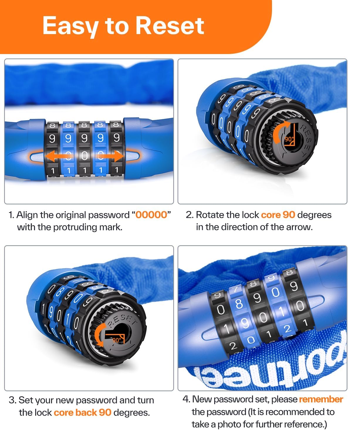 Sportneer Bike Lock: 5 Digit Combination High Security Anti Theft Bike Chain Lock - 3.2/3.6/4ft Heavy Duty Keyless Bicycle Lock for Bike, Motorcycle, Scooter, Door & Gate - 4/6mm Thick, Easy to Use