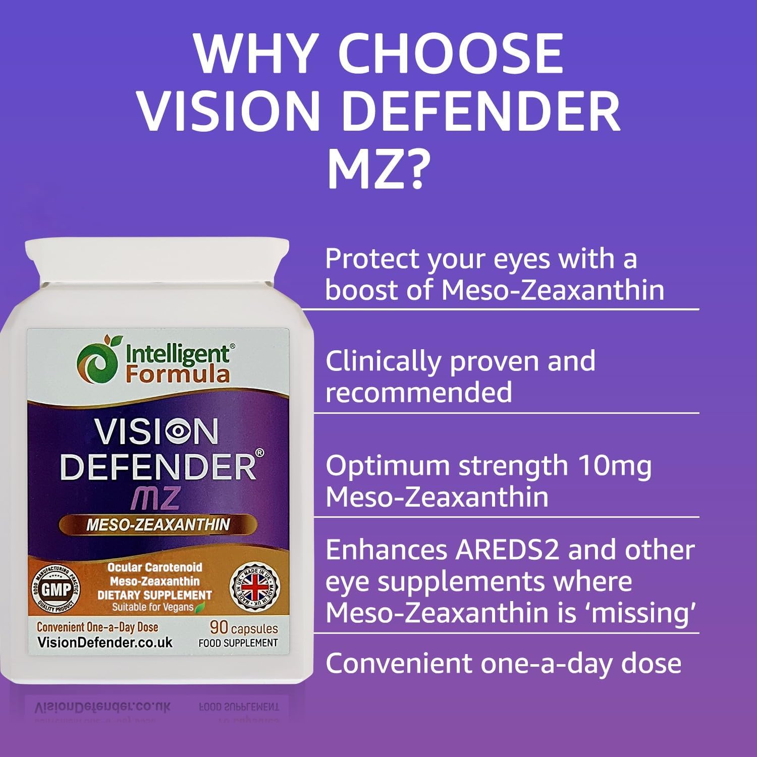 Vision Defender MZ Meso-Zeaxanthin 10mg Vegan Eye Supplement, 90 Capsules | Pure Carotenoid Antioxidant from Marigold Extract, Ocular Health Support