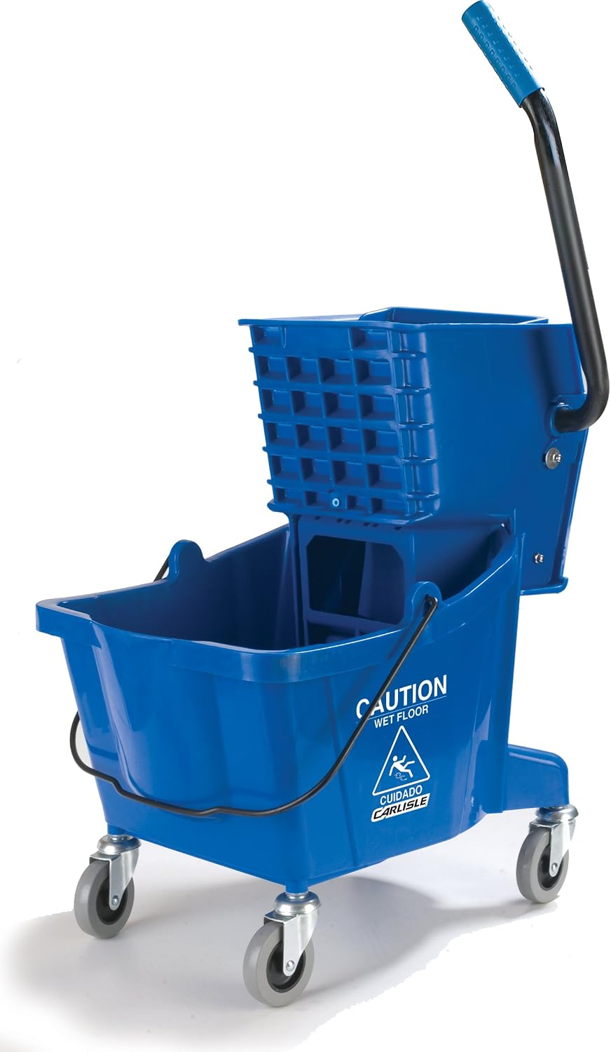 Carlisle FoodService Products 26 Qt Mop Bucket with Side Wringer, Yellow | 18.5 x 16.5 x 16.5 Inches, 34.25-Inch Handle Height, 50,000-Cycle Wringer, Non-Marking Casters, Assembly Required