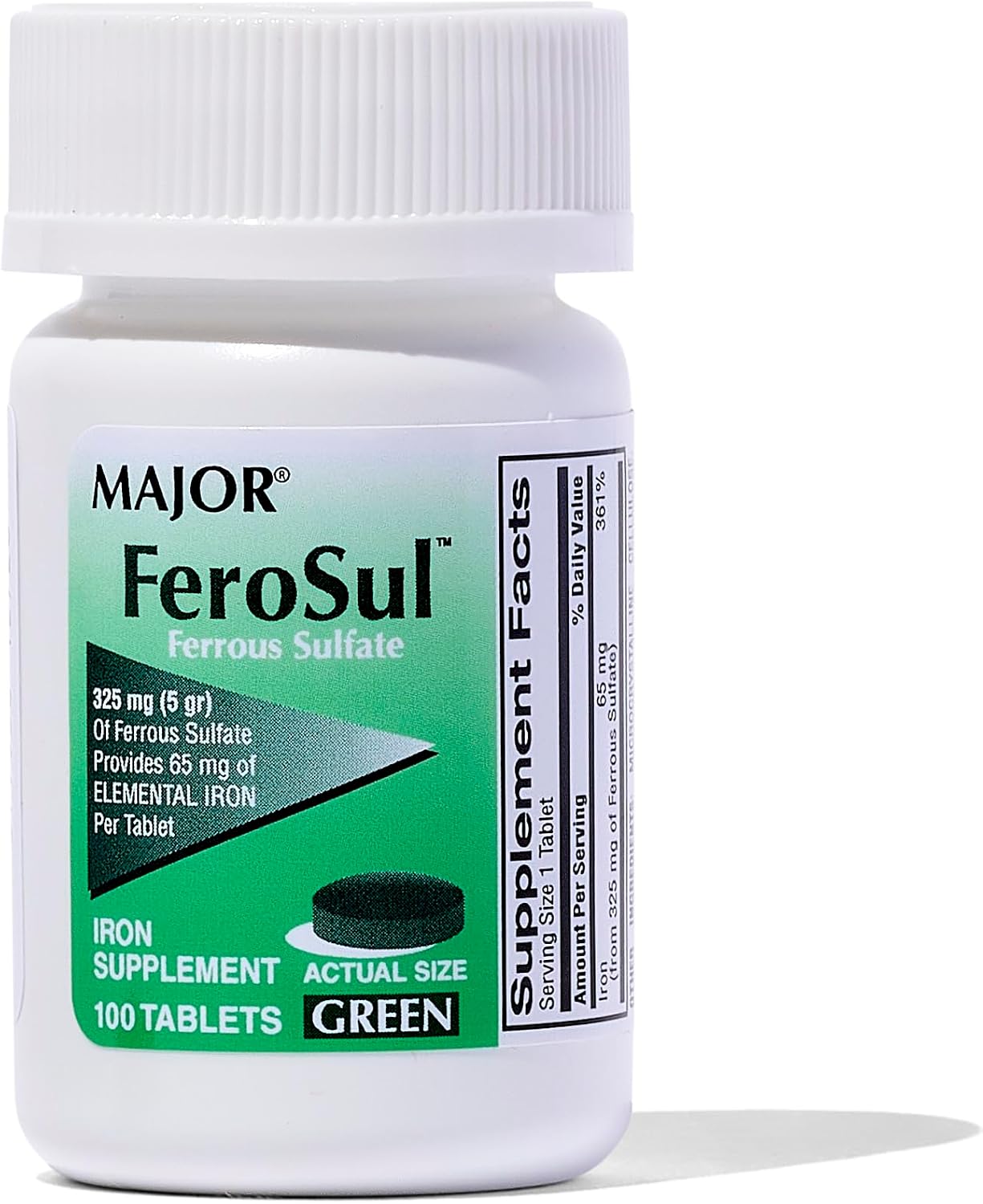 Major Ferosul - Ferrous Sulfate 325mg Tablets with 65mg of Elemental Iron - Iron Supplement for Women, Men - Green - 100 Count (3 Pack)