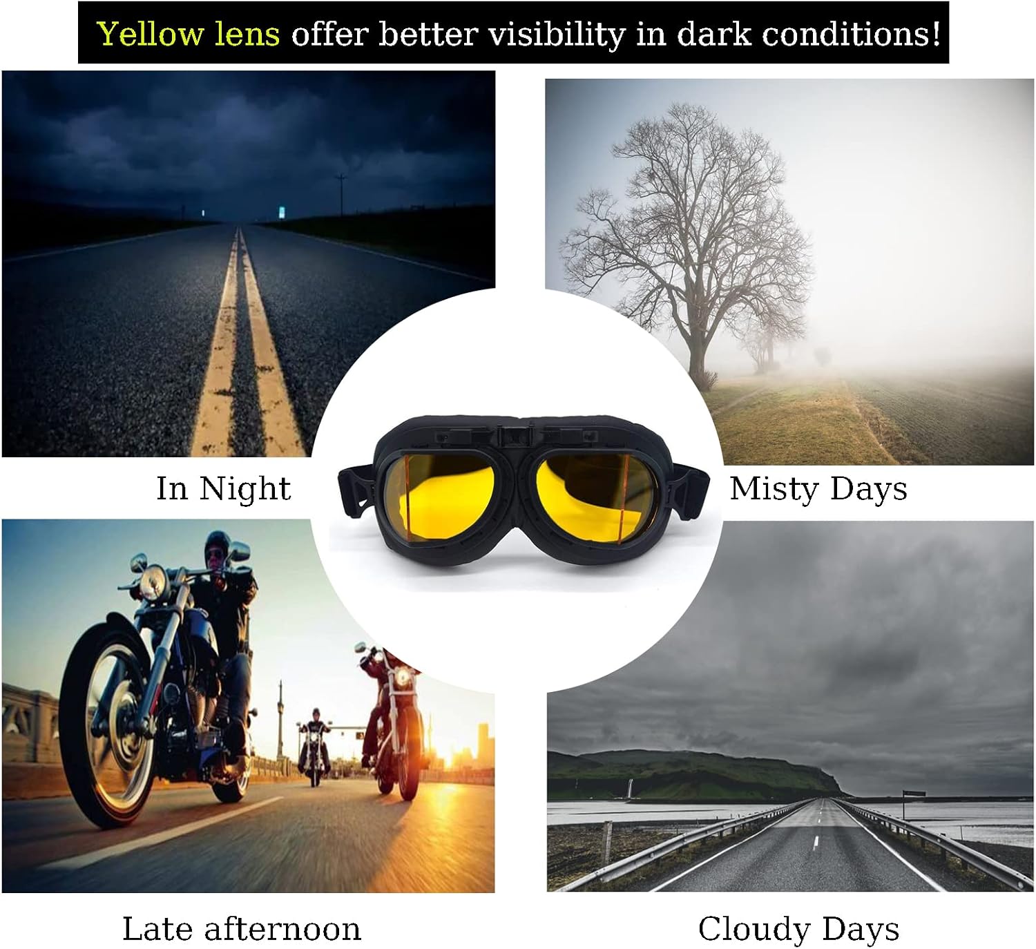 Motorcycle Goggles Anti Fog&Wind&Dust&Sand Aviator Pilot Motocross | Dirt Bike Atv Riding Goggles with Yellow Lens,Fit Over Glasses or Helmet