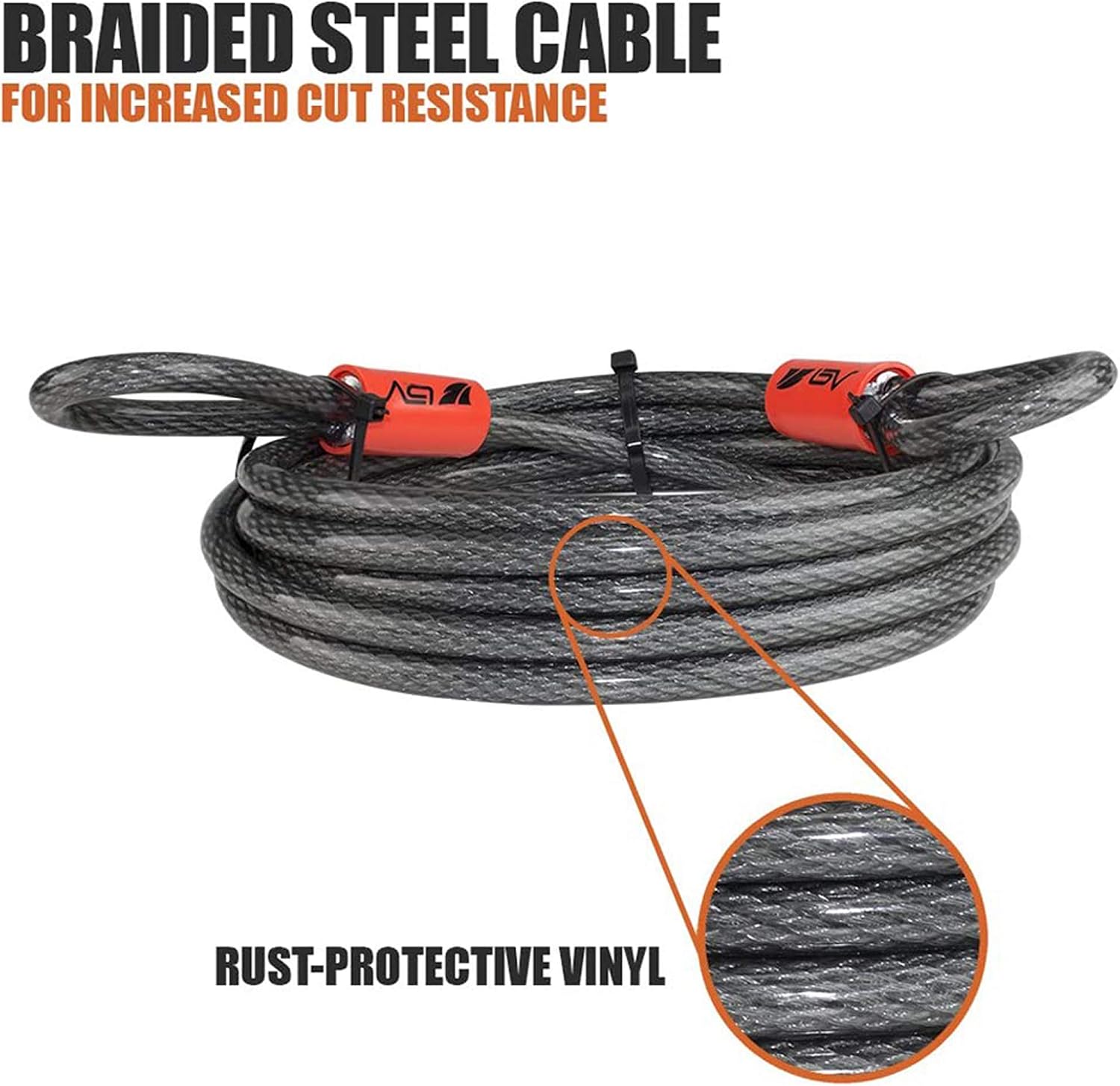 BV 7FT Heavy-Duty Security Cable Lock with Loops – Extra Thick 10mm (3/8") Braided Steel, Cut-Resistant & Weatherproof Wire Cable for Padlock, Gate, Bike, Motorcycle & Outdoor Equipment