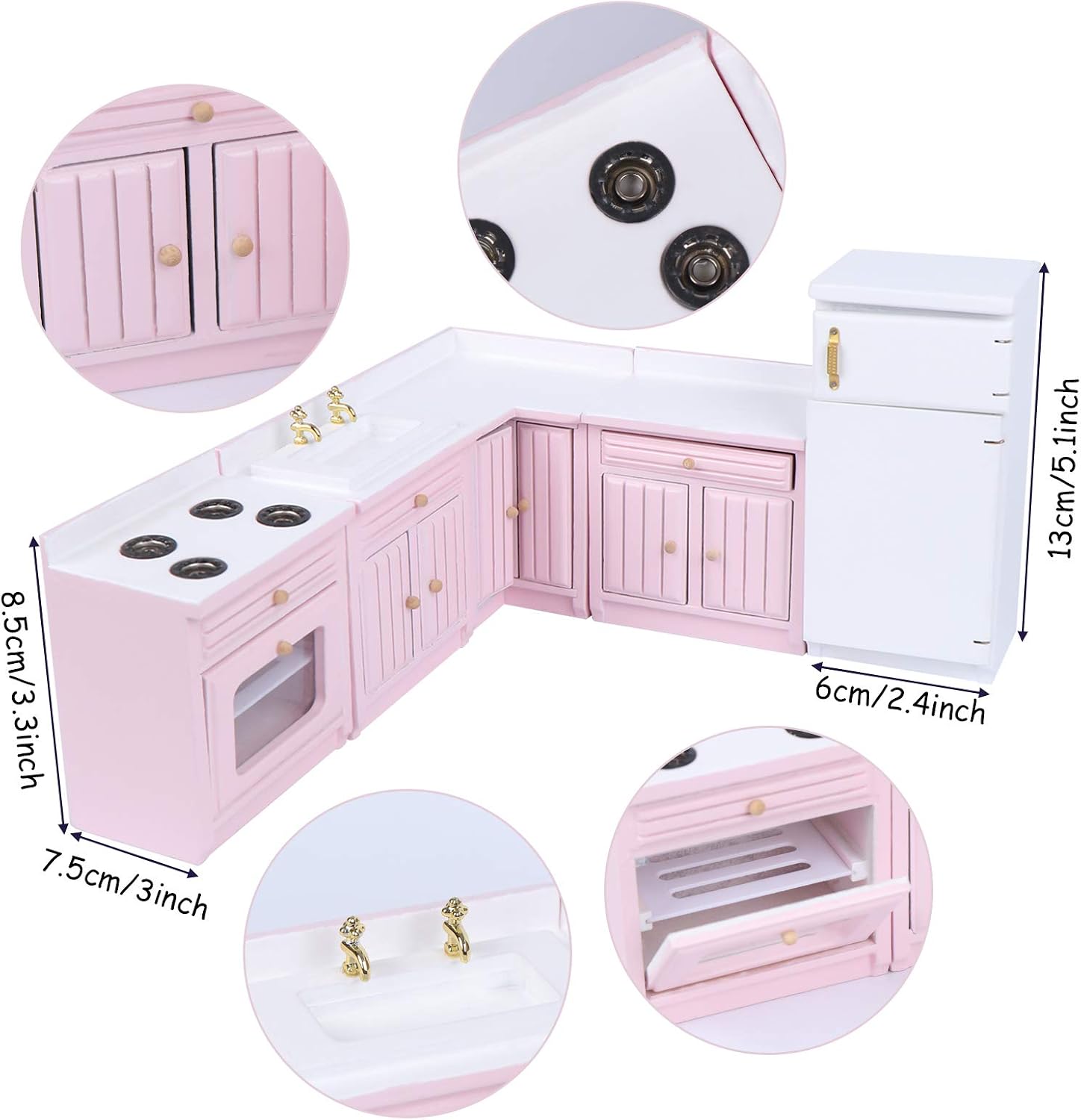 1:12 Scale Dollhouse Kitchen Furniture Set, 5 Piece Wooden Miniature Kitchen Accessories with Cabinet, Fridge, Sink, Corner Cabinet