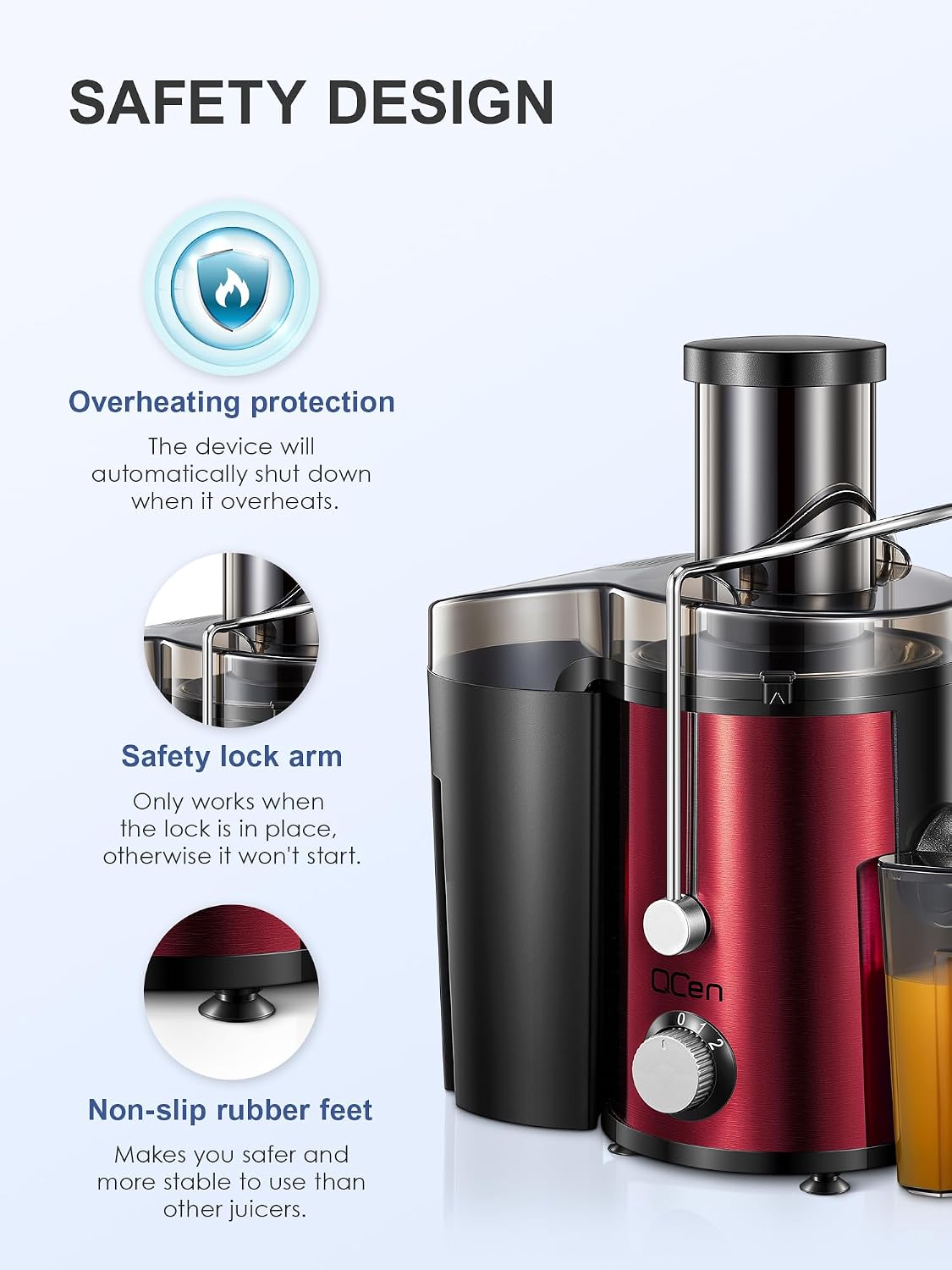 QCen Juicer Machine 500W Centrifugal Juicer with Extra Wide Feed Chute