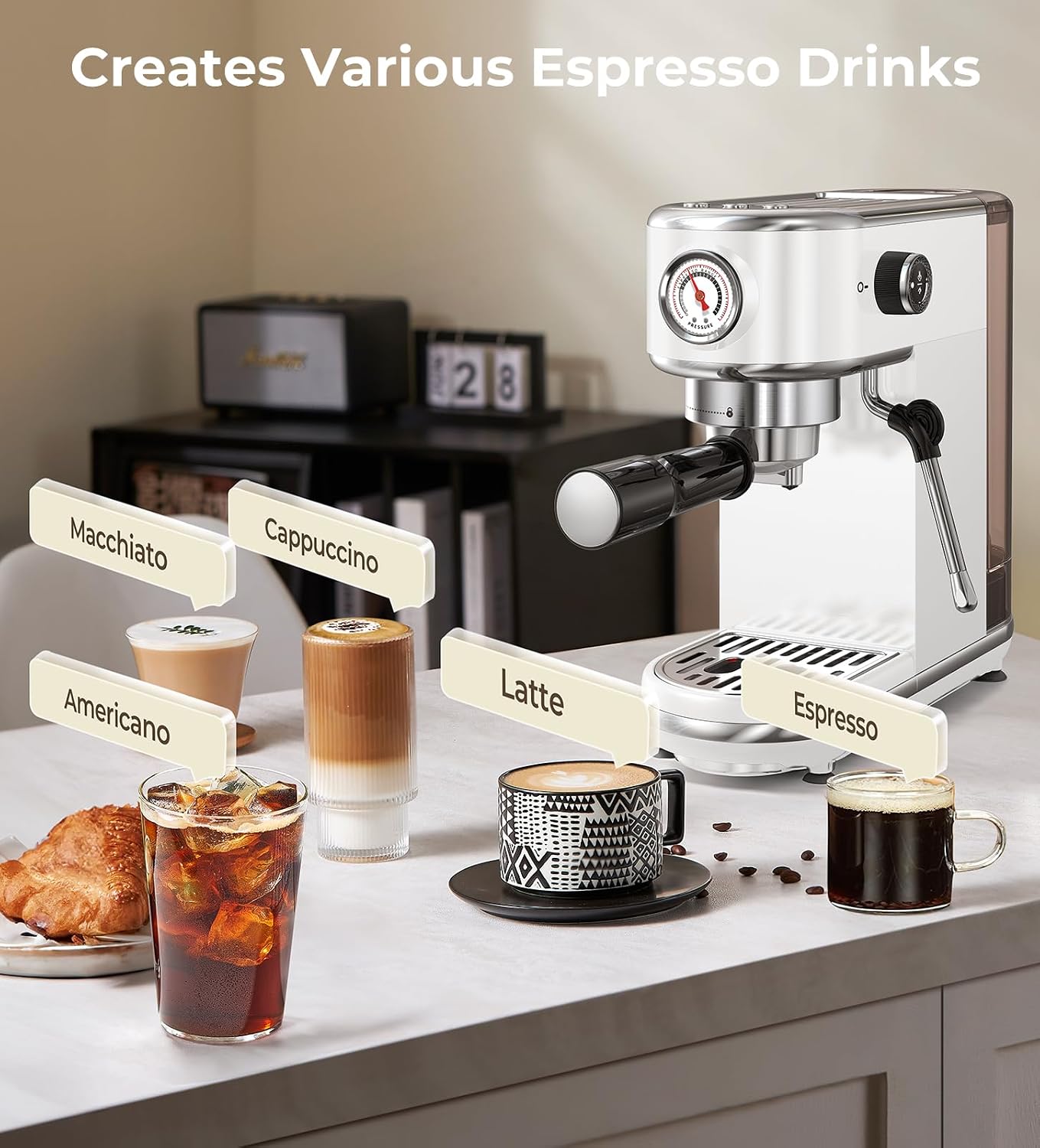 atatix 20 Bar Espresso Machine with Milk Frother, Compact Espresso Maker | Stainless Steel Coffee Machine with Precise Temp Control, 44oz Removable Water Tank for Latte, Cappuccino, White