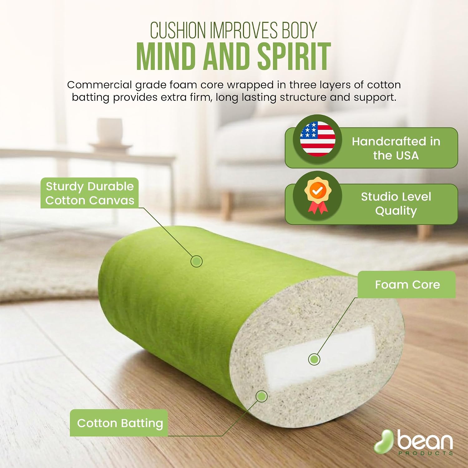 Bean Products Cotton Batting Yoga Bolster - Studio Grade Round or Rectangular Restorative Yoga Pillow for Pilates and Yin Practice - Soft Yet Firm Support with Cotton Cover - Made in The USA