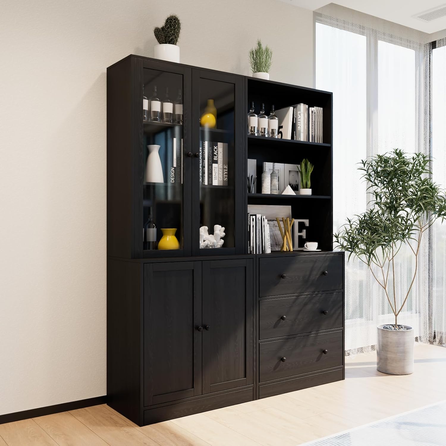 TUSY 71" H Bookcase with Storage | 6-Tier Modern Bookshelf with Drawers, Display Bookcase with Glass Doors, White Curio Cabinet for Home Office, Living Room