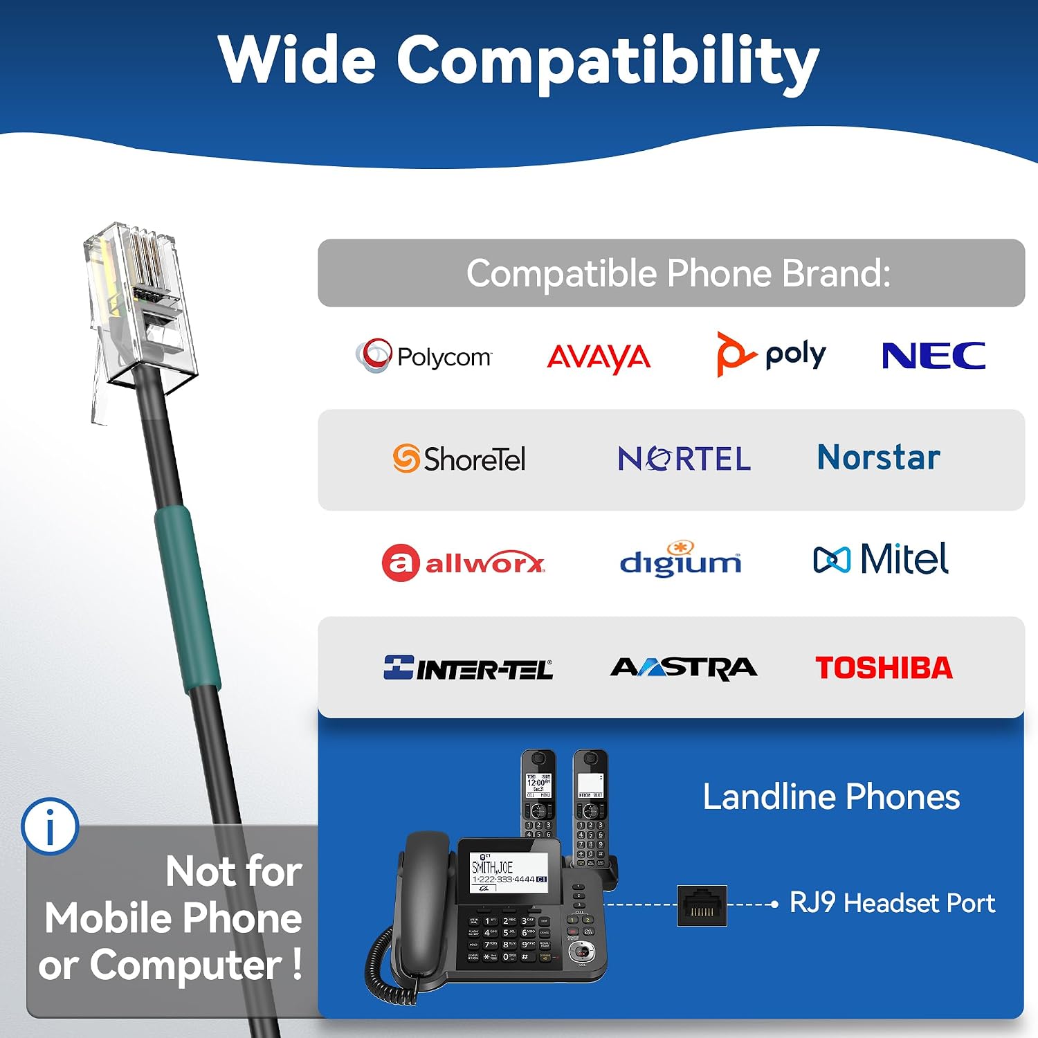 Wantek Corded Telephone Headset Mono w/Noise Canceling Mic for Avaya Aastra Allworx Adtran Alcatel Lucent AltiGen Comdial Digium Gigaset InterTel Mitel Plantronics MiVoice Landline Deskphones(F600S1)