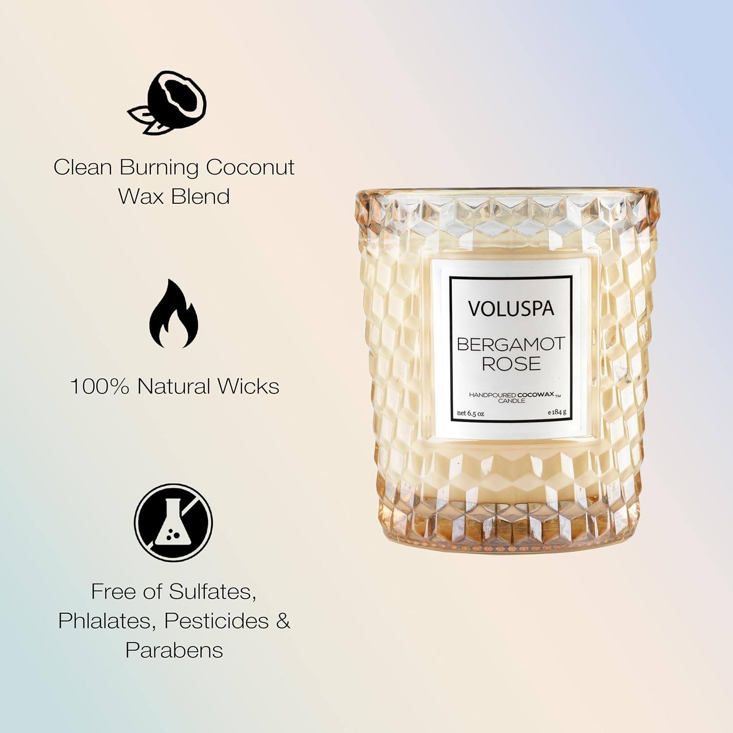 Voluspa Bergamot Rose, Classic Candle Jar, 6.5 oz, 40 Hour Burn Time, Coconut Wax for Clean Burning, Handcrafted in the USA