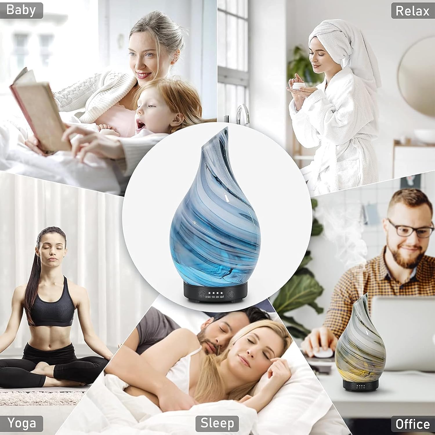 Aromatherapy Essential Oil Diffuser for Home- Art Glass Diffuser for Essential Oils with Waterless Auto Shut-Off 4 Timer 7 Colors LED Night Light