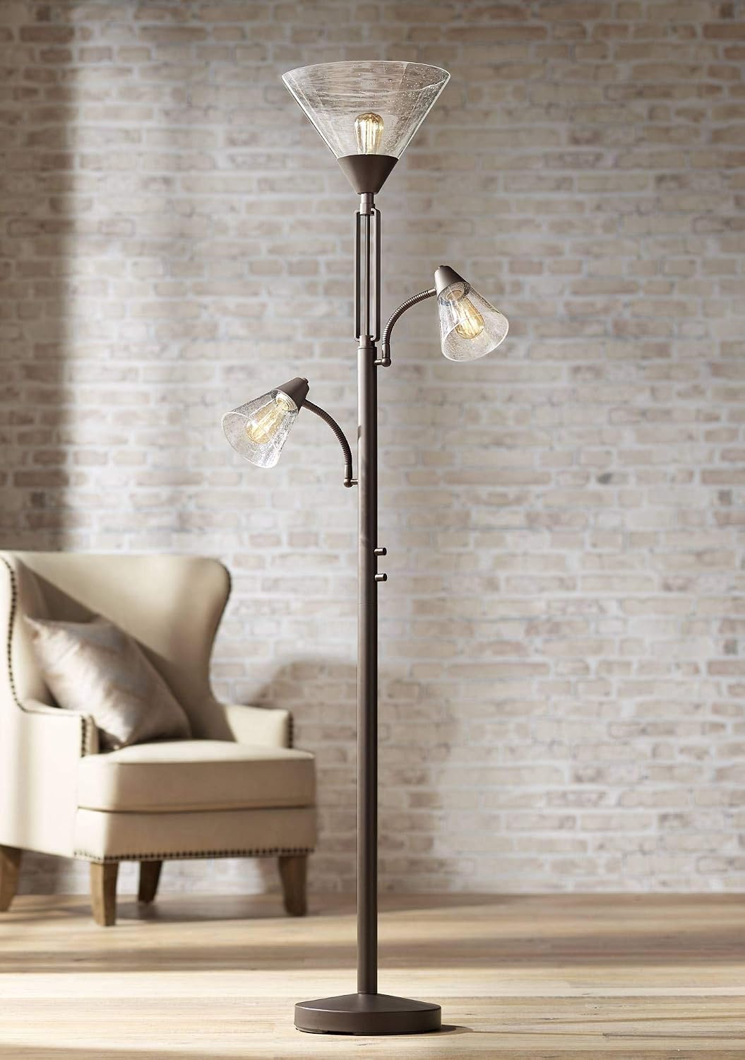 Warwick 71 1/2" Tall Tiger Bronze and Seeded Glass Torchiere Floor Lamp | Industrial Tree LED 3-Light Edison 5 Metal Clear Seedy Shade for Living