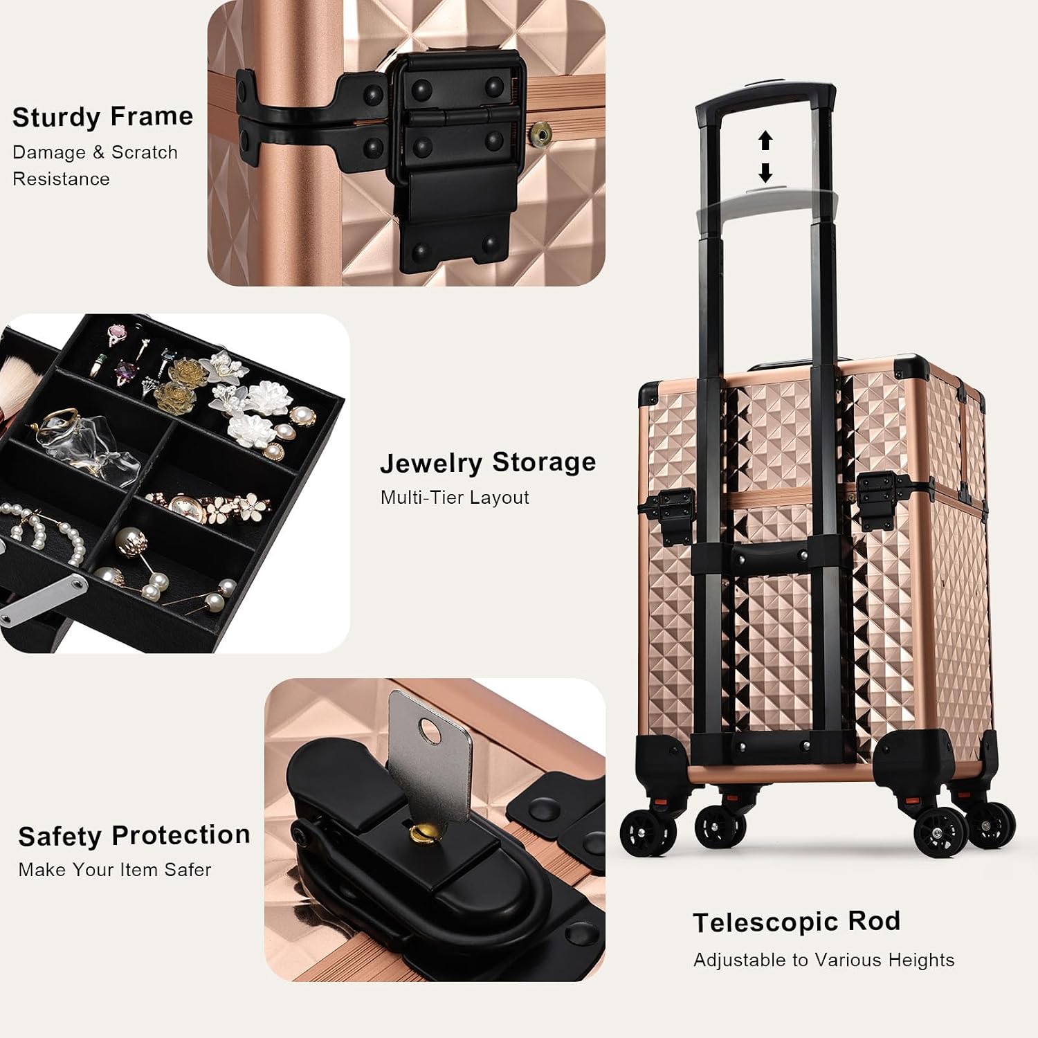 Stagiant Rolling Makeup Train Case Large Storage Cosmetic Trolley 4 Tray with Sliding Rail Removable Middle Layer with Key Swivel Wheels Salon