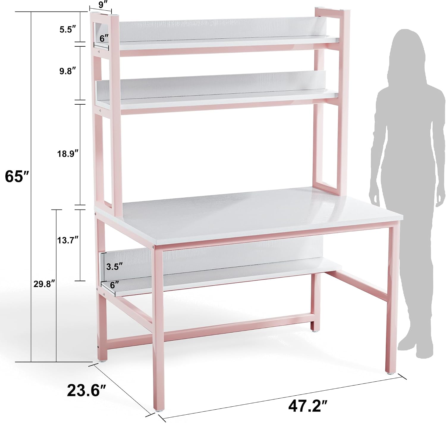 Aquzee Computer Desk with Shelves, 47" W x 23.6" D Gaming Desk with Hutch and Bookshelf