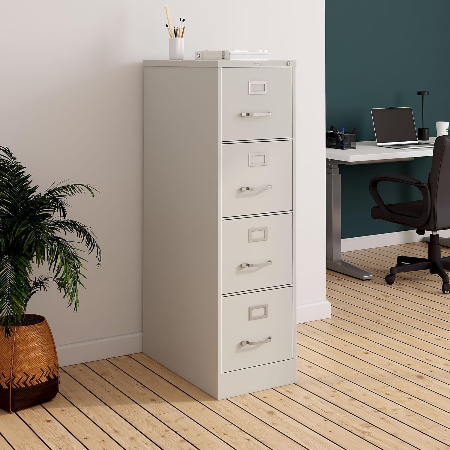 Staples 4-Drawer Vertical File Cabinet, Letter Size Documents, Lockable, 26.5" D x 15" W x 51.97" H, Putty/Beige