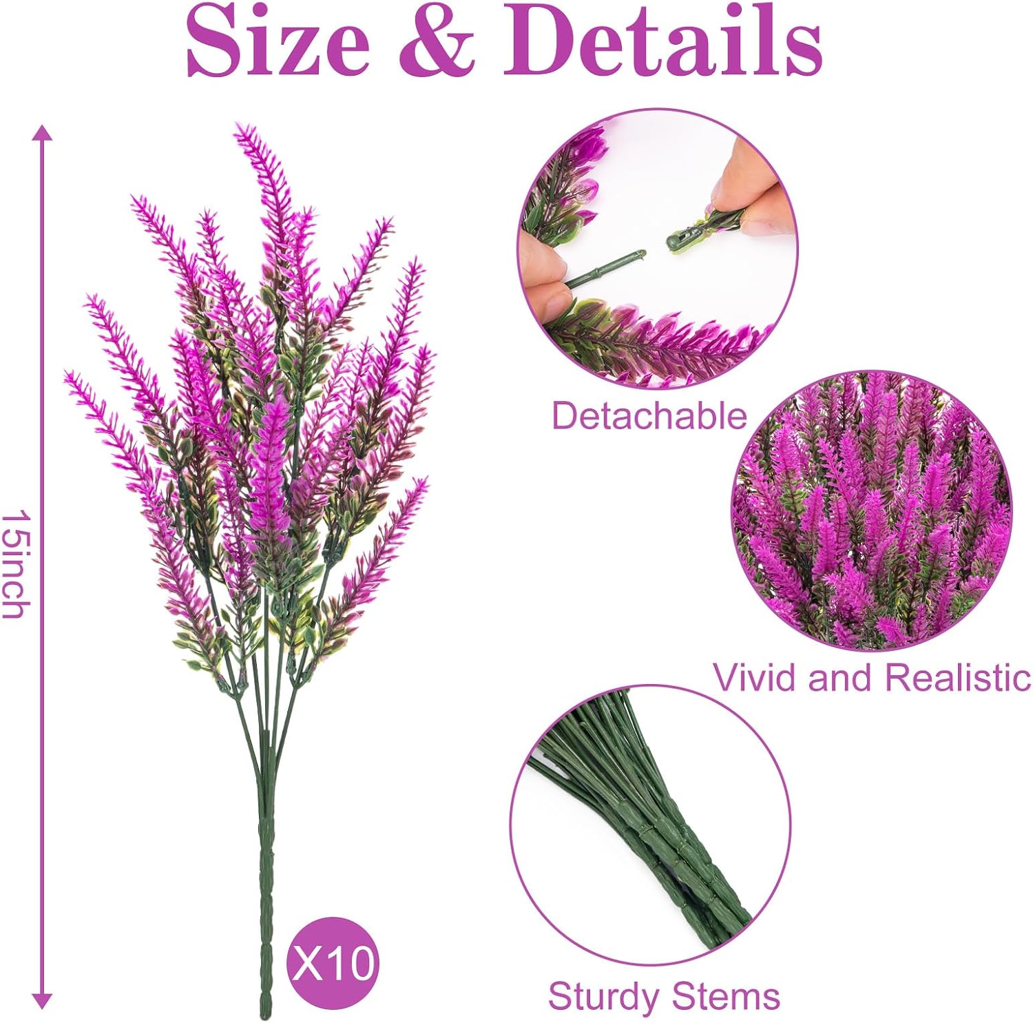 10 Bundles Fake Flowers Artificial Lavender Plants, Purple