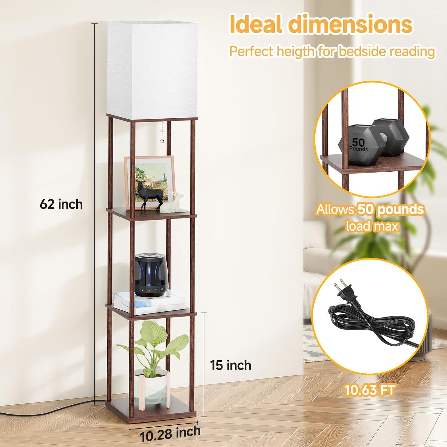 SHINE HAI Floor Lamp with Shelves, 3-Tier Square Modern Shelf Lamp